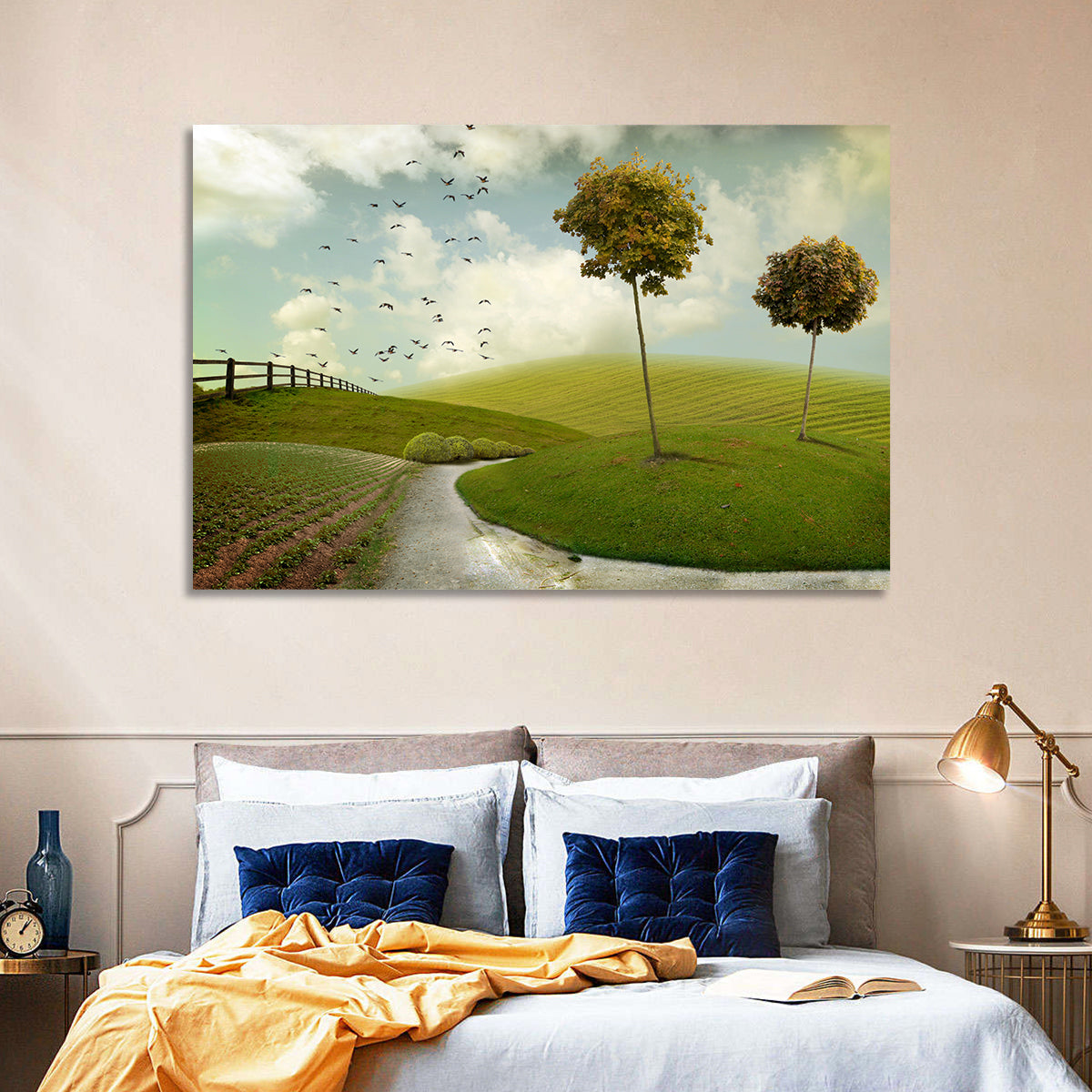 Serene Green Hills Pathscape Wall Art in a room, landscape
