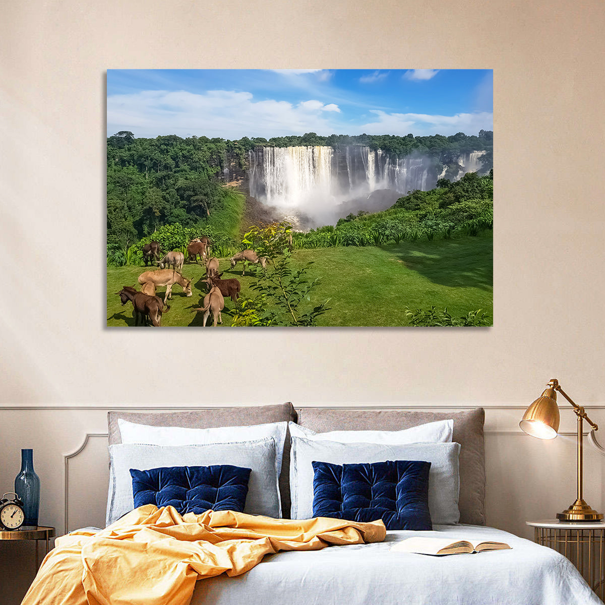 Kalandula Falls and Grazing Donkeys Wall Art
