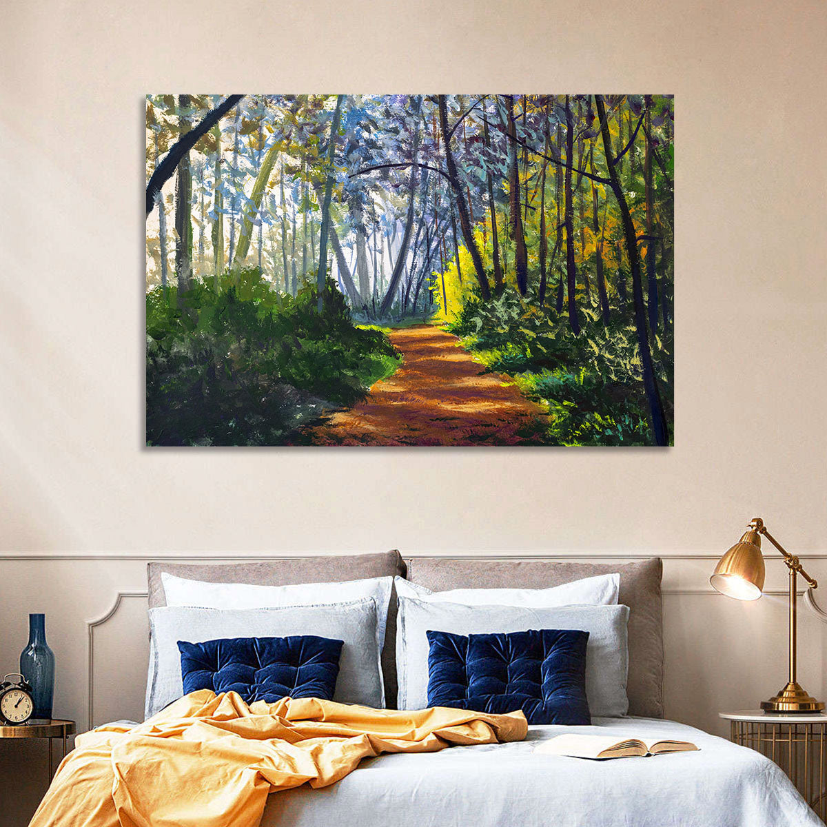 Sunlit Forest Alley Path Wall Art in a room, landscape