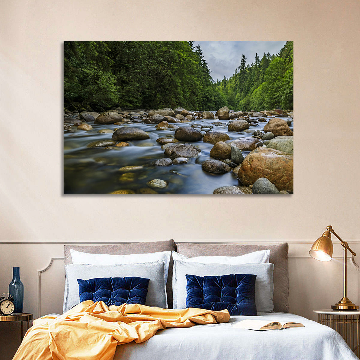 Lynn Canyon Riverbed Forest Wall Art in a room, landscape