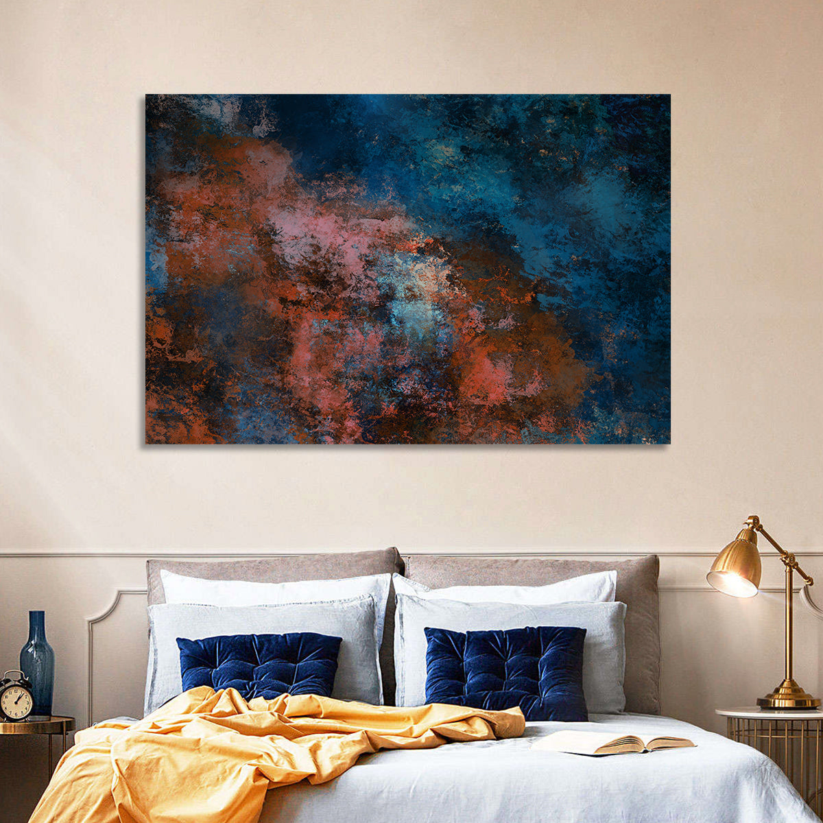 Blue to Rust Color Field Wall Art in a room, landscape