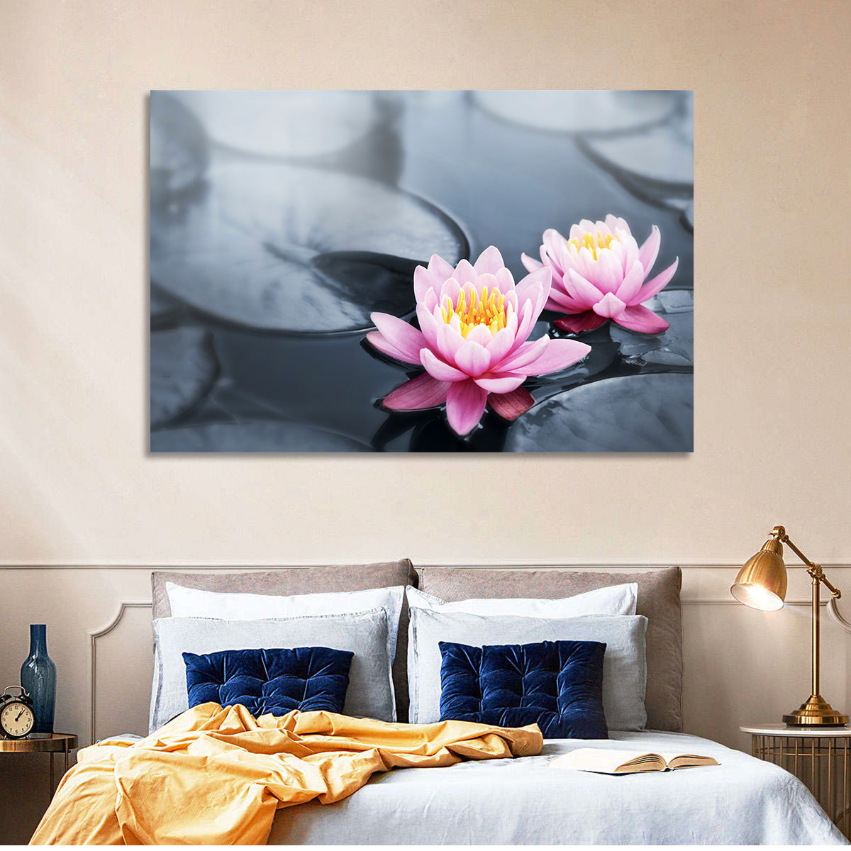 Pink Water Lilies Wall Art in a room, landscape