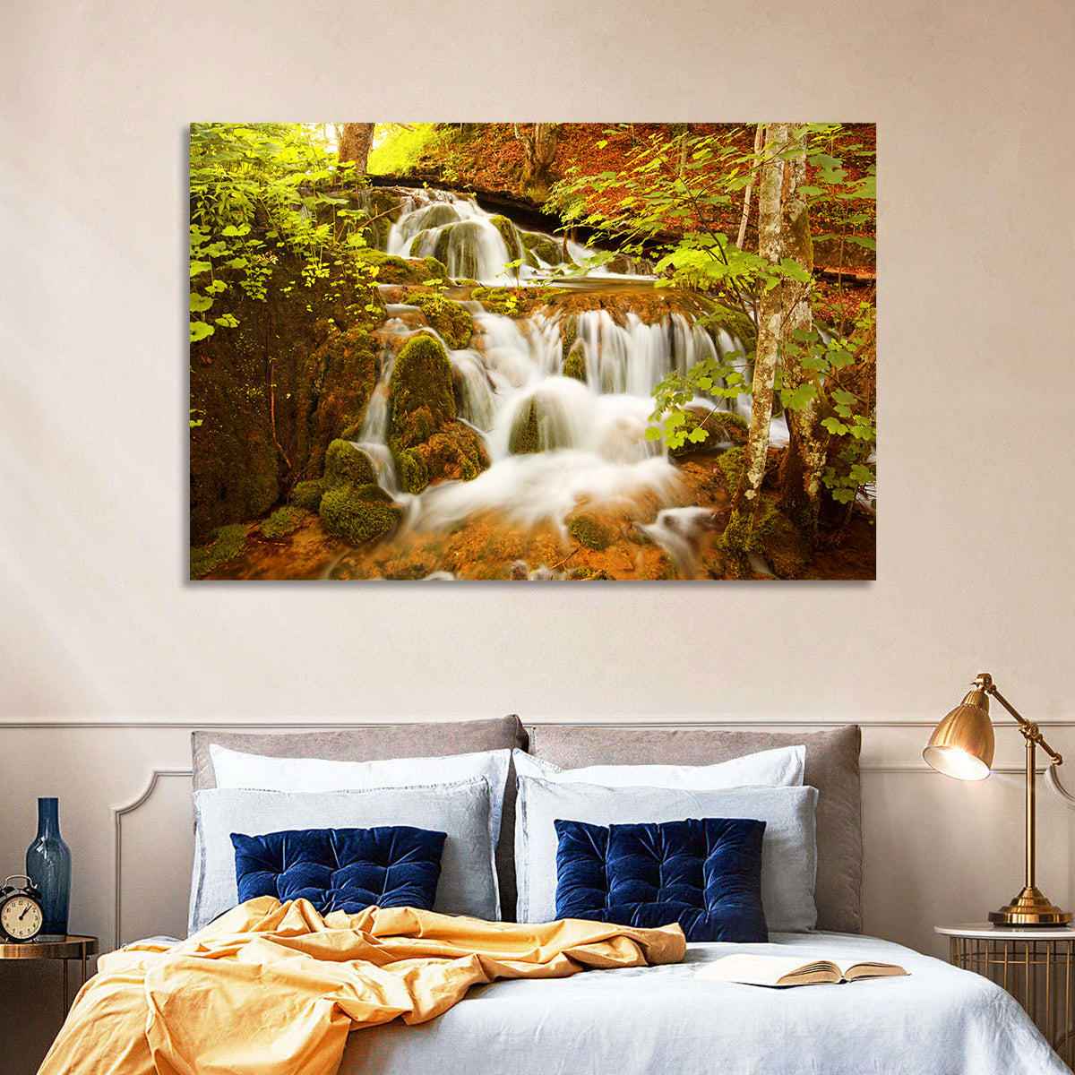 Plitvice Autumn Stream Wall Art in a room, landscape