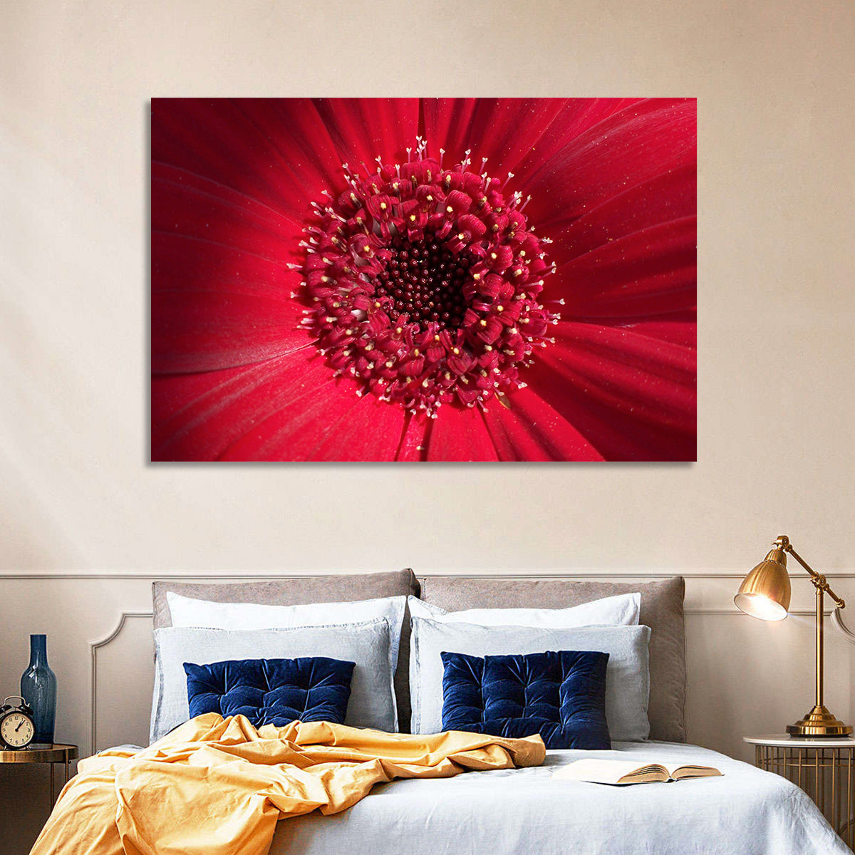 Red Gerbera Daisy Macro Close Up Wall Art in a room, landscape