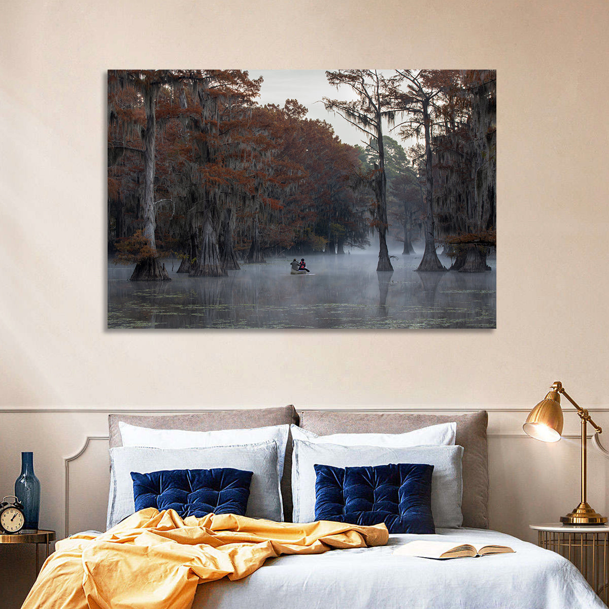 Caddo Lake Morning Mist Wall Art in a room, landscape