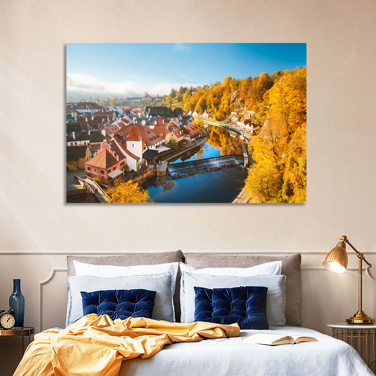 Český Krumlov River Weir in Autumn Wall Art in a room, landscape