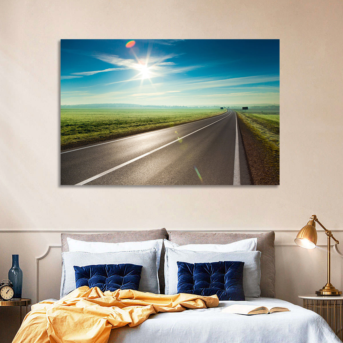 Sunlit Road Through Green Field Wall Art