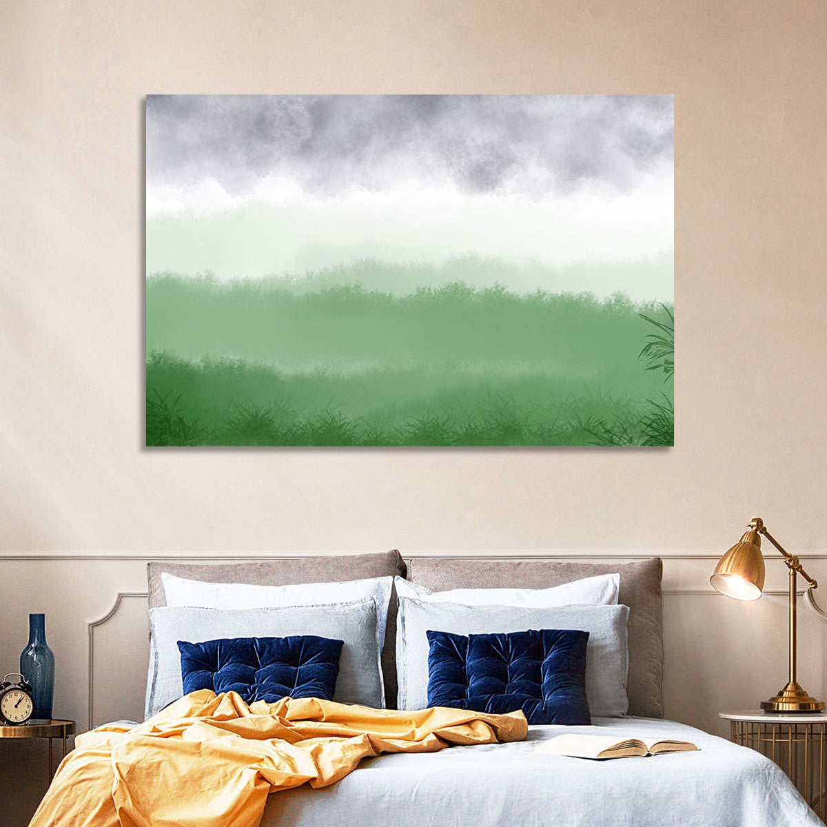 Misty Green Fields Wall Art in a room, landscape