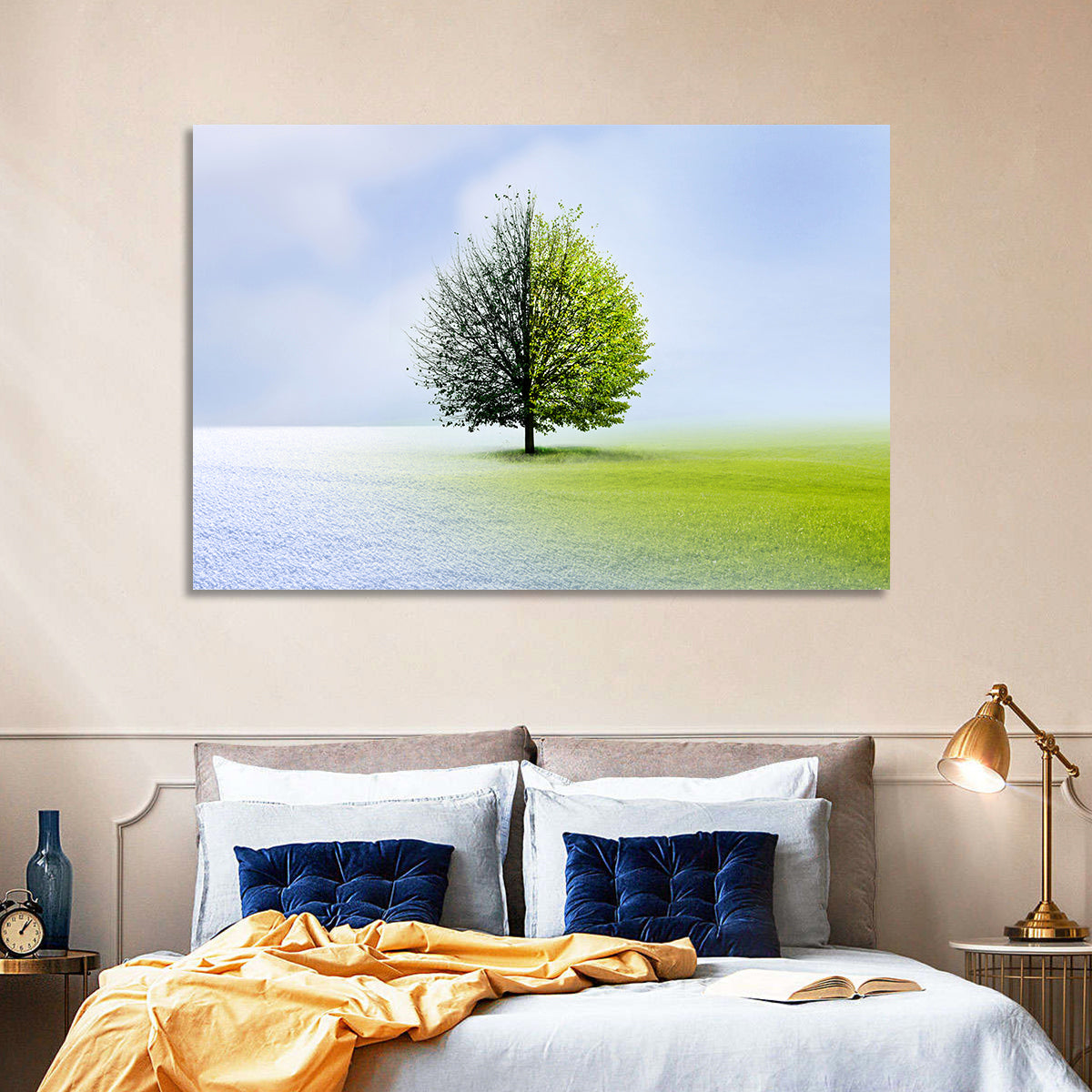 Winter to Spring Tree Wall Art in a room, landscape