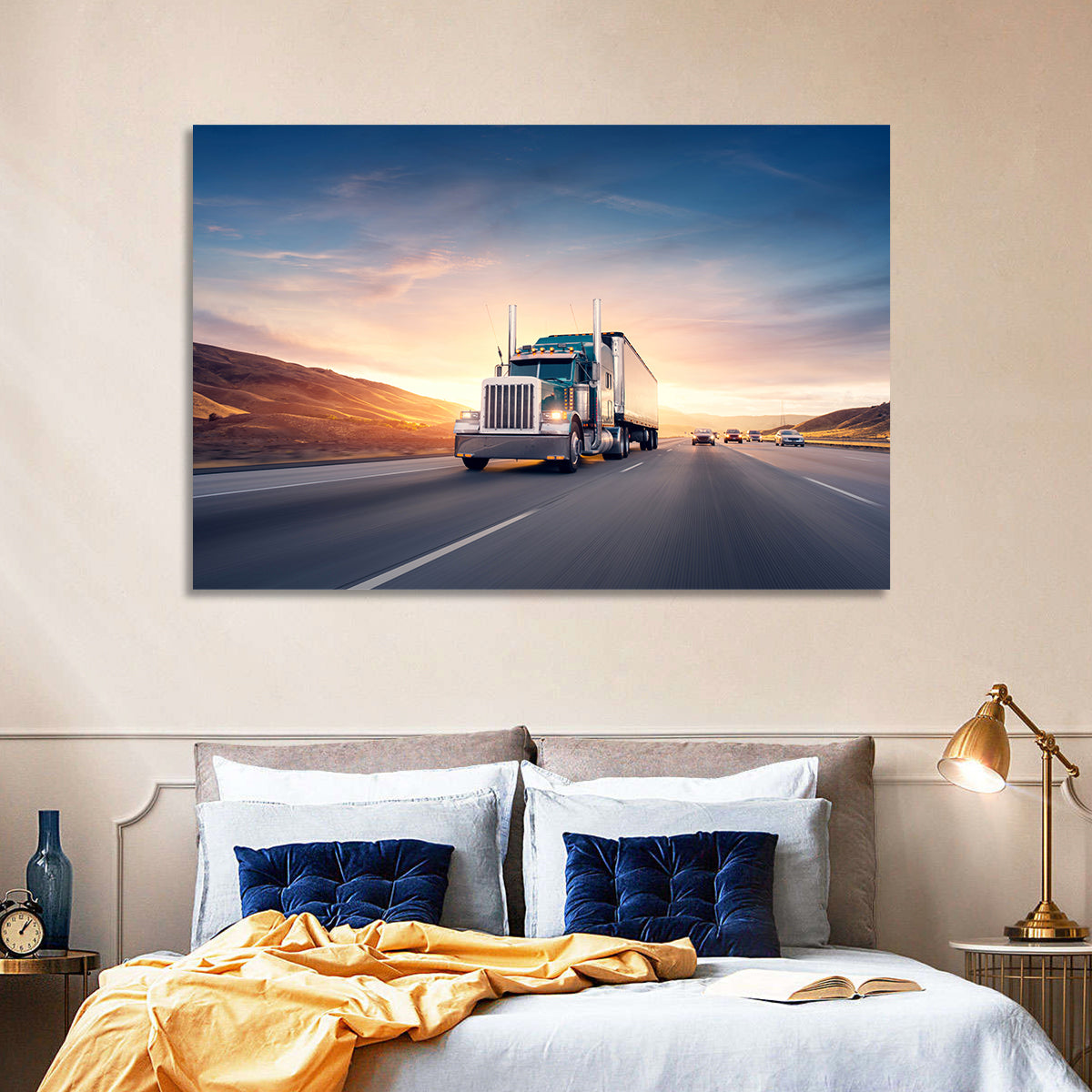 Semi Truck Highway Sunset Wall Art in a room, landscape