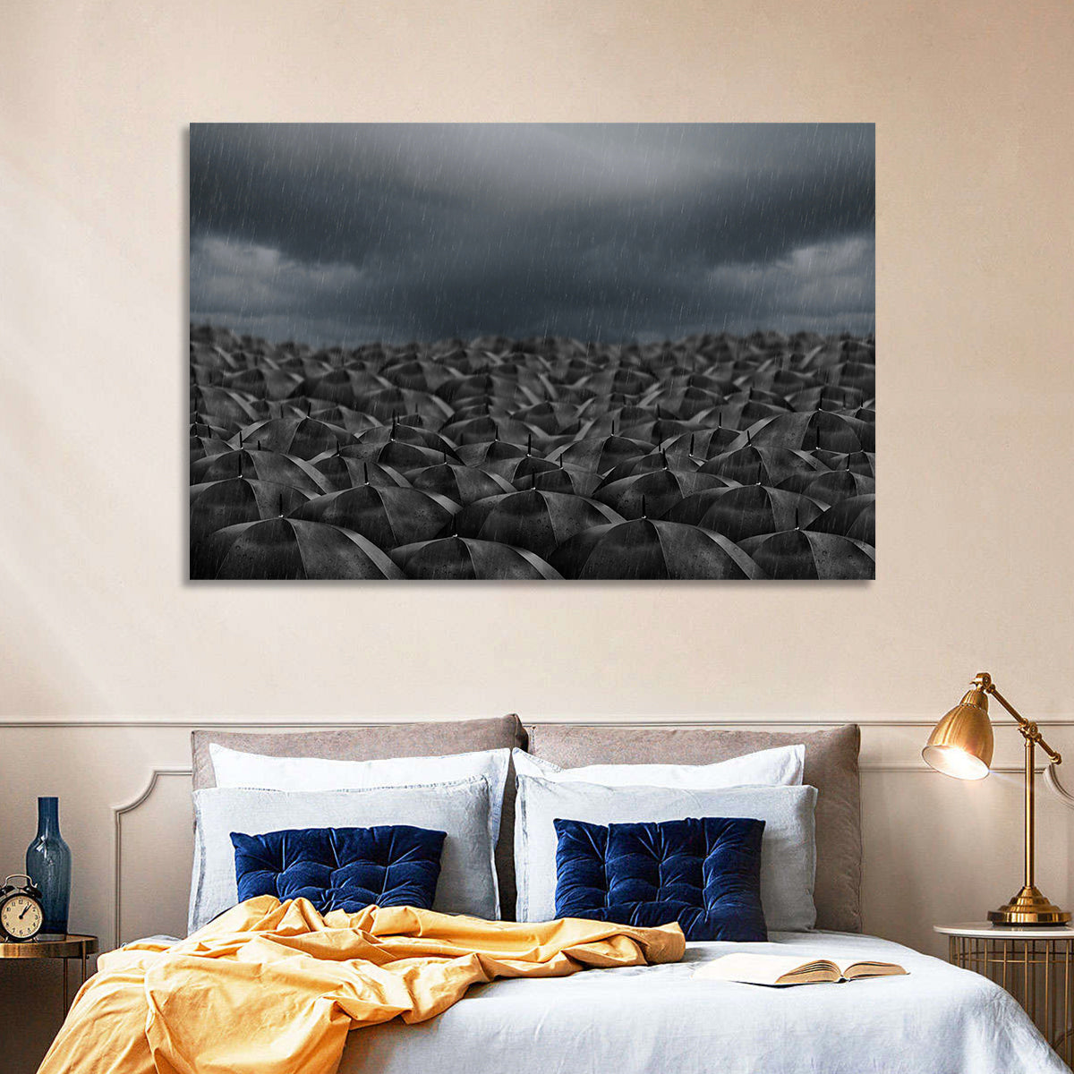 Clustered Umbrellas in Rain Wall Art in a room, landscape