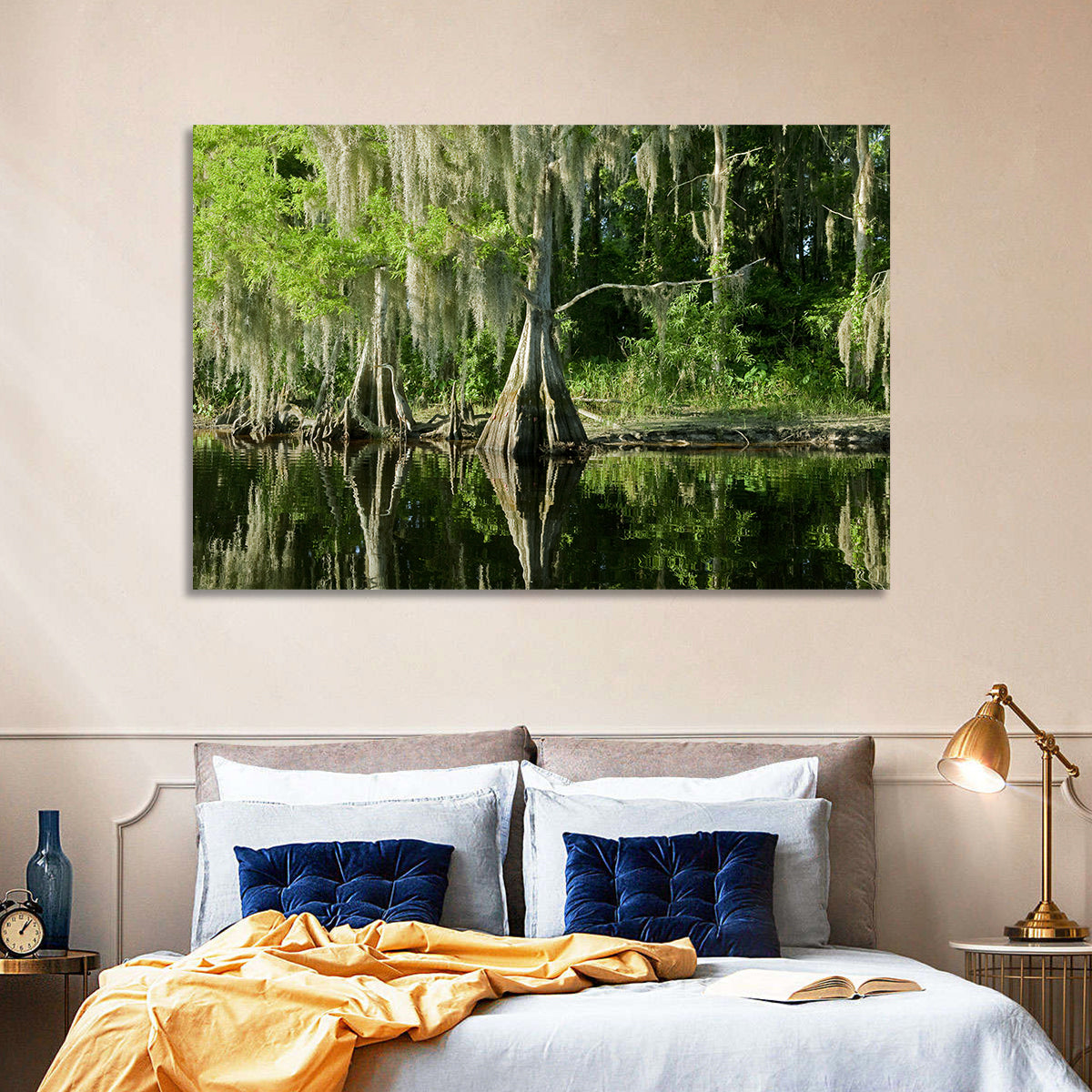 Bald Cypress and Great Blue Heron Wall Art in a room, landscape