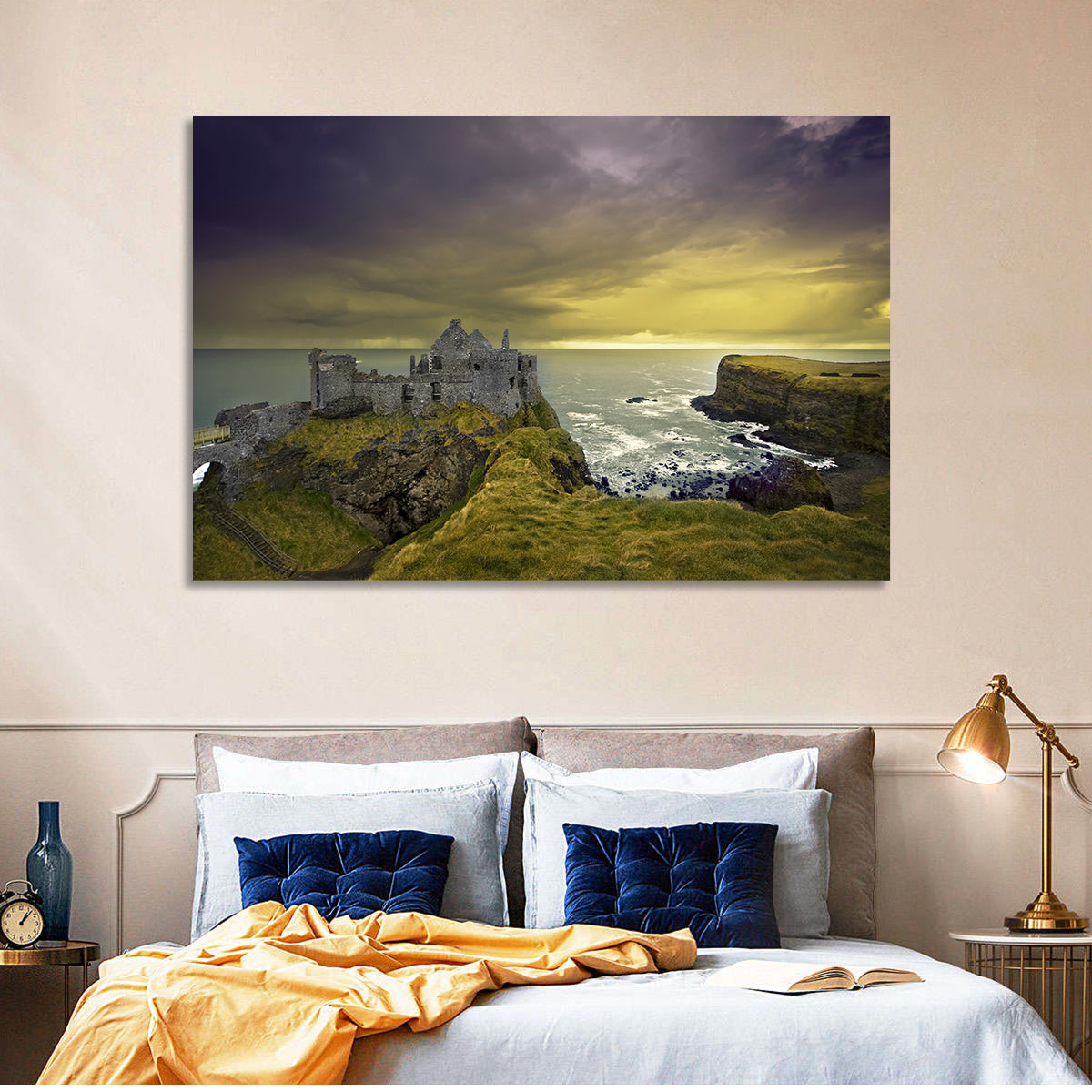 Dunluce Castle Ruins Wall Art in a room, landscape