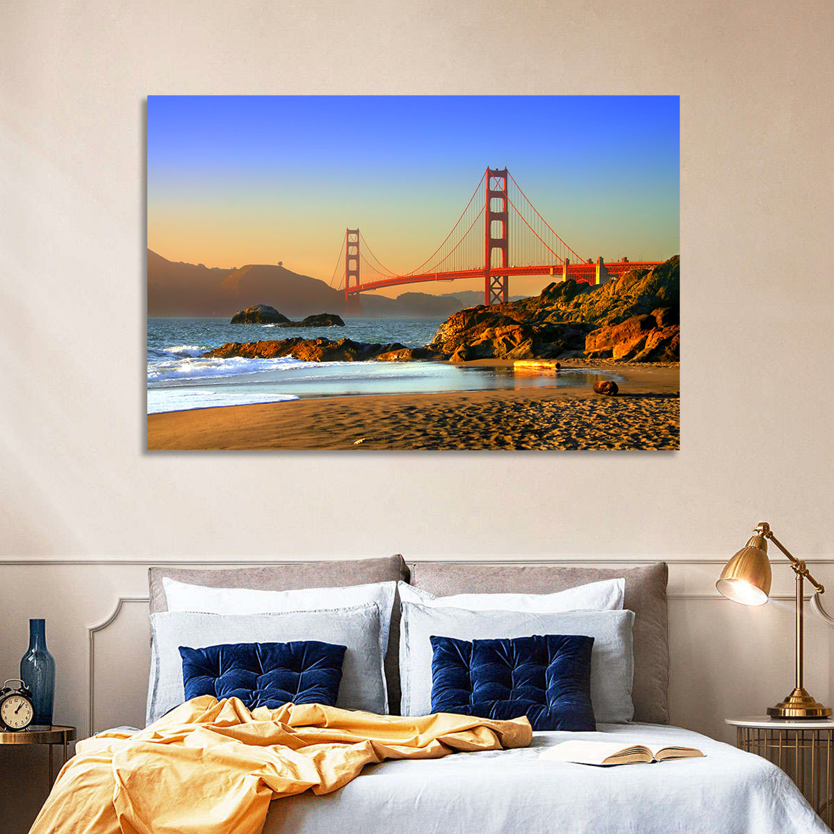 Golden Hour at the Golden Gate Bridge Wall Art in a room, landscape