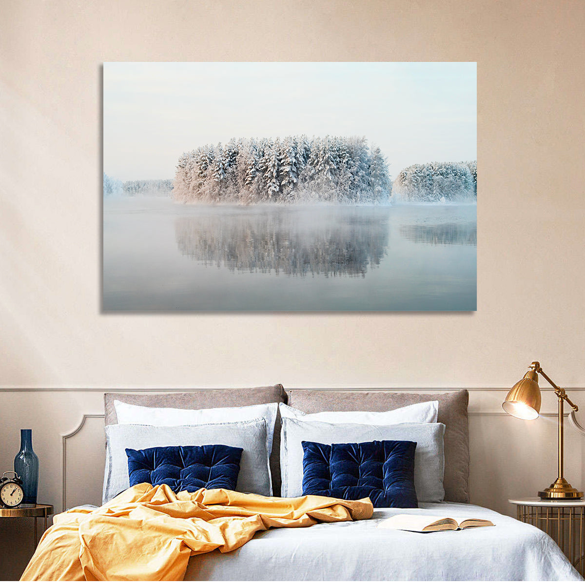 Misty Karelia Lake Wall Art in a room, landscape