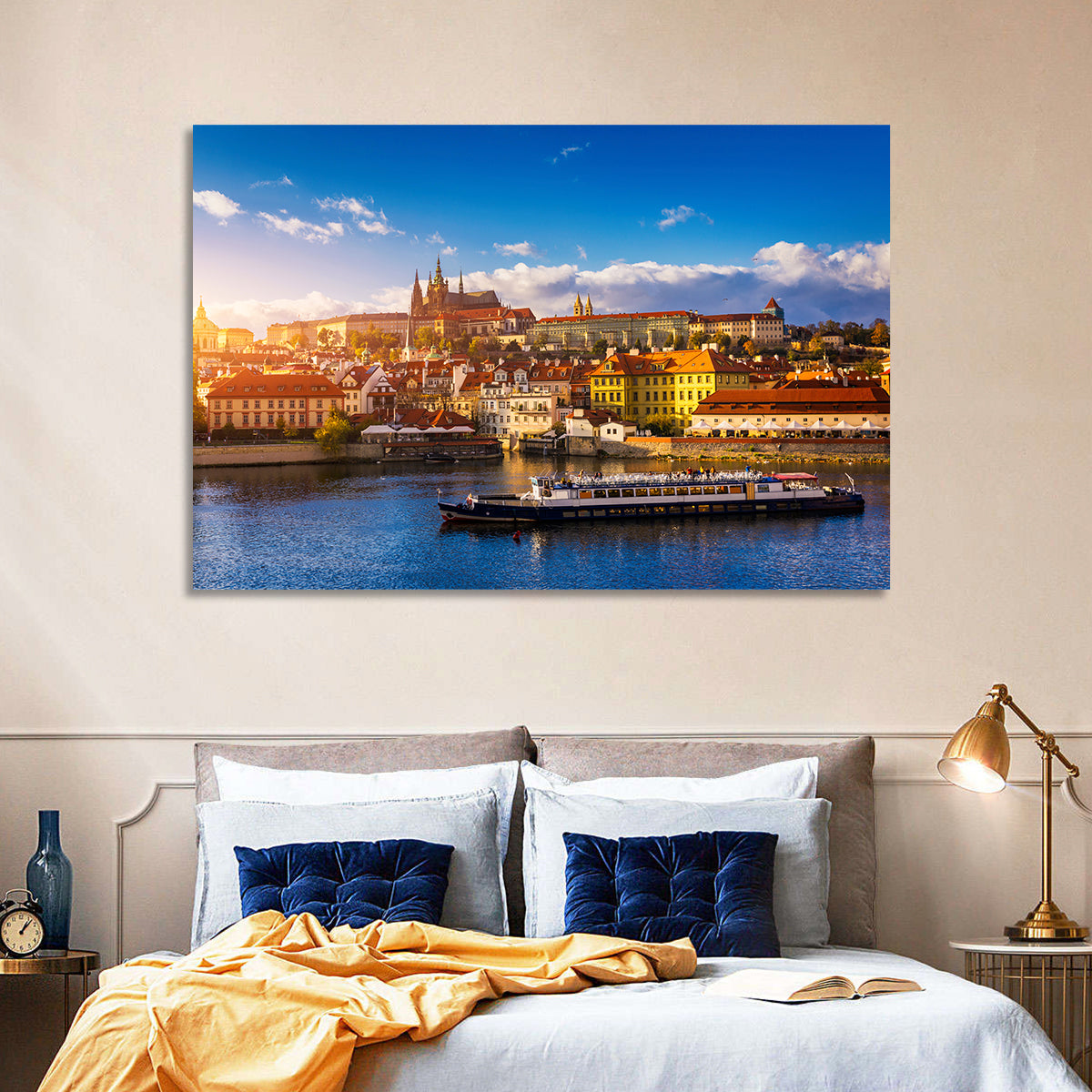 Prague Castle Golden Hour River View Wall Art in a room, landscape