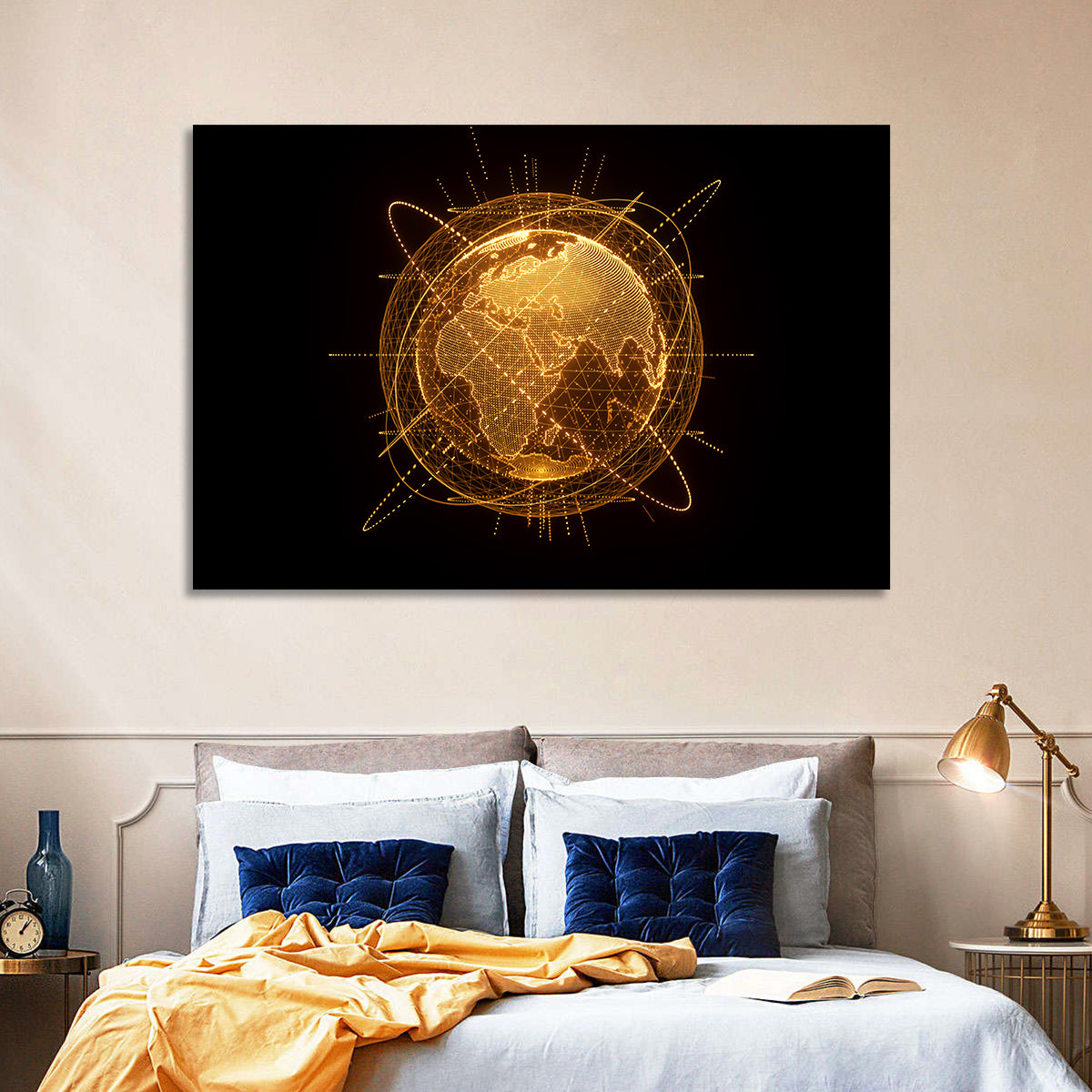Golden Hologram Globe Wall Art in a room, landscape