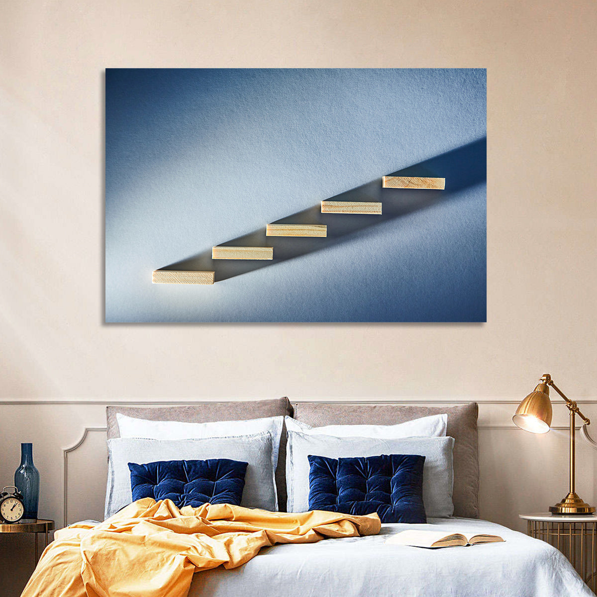 Five Wooden Steps Abstraction Wall Art in a room, landscape