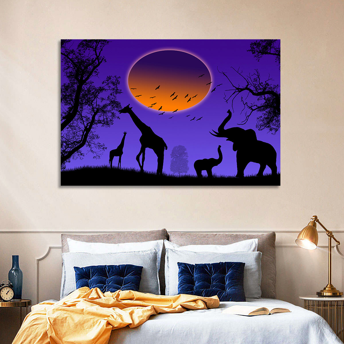 Sunset Savannah Silhouette Wall Art in a room, landscape