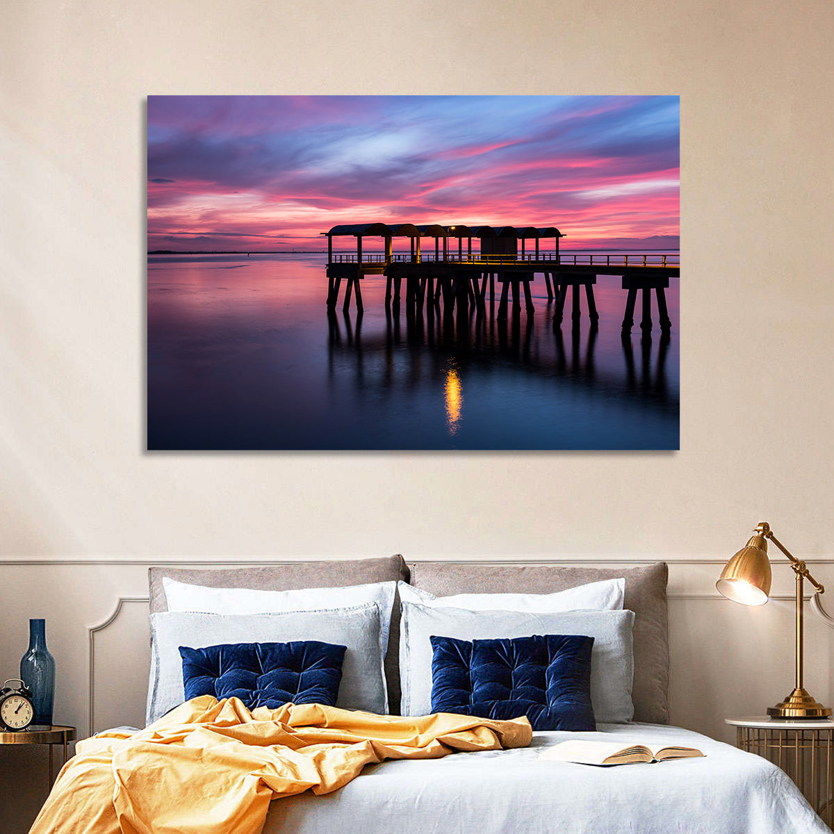 Jekyll Island Dusk Pier Wall Art in a room, landscape