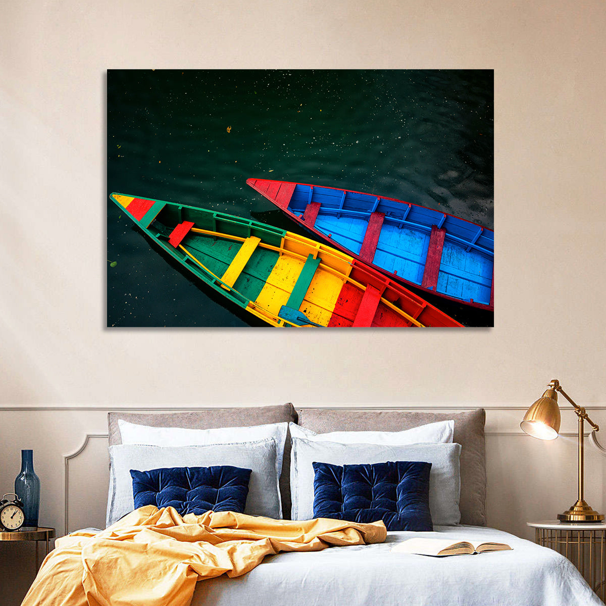 Two Colorful Boats Over Rippling Water Wall Art