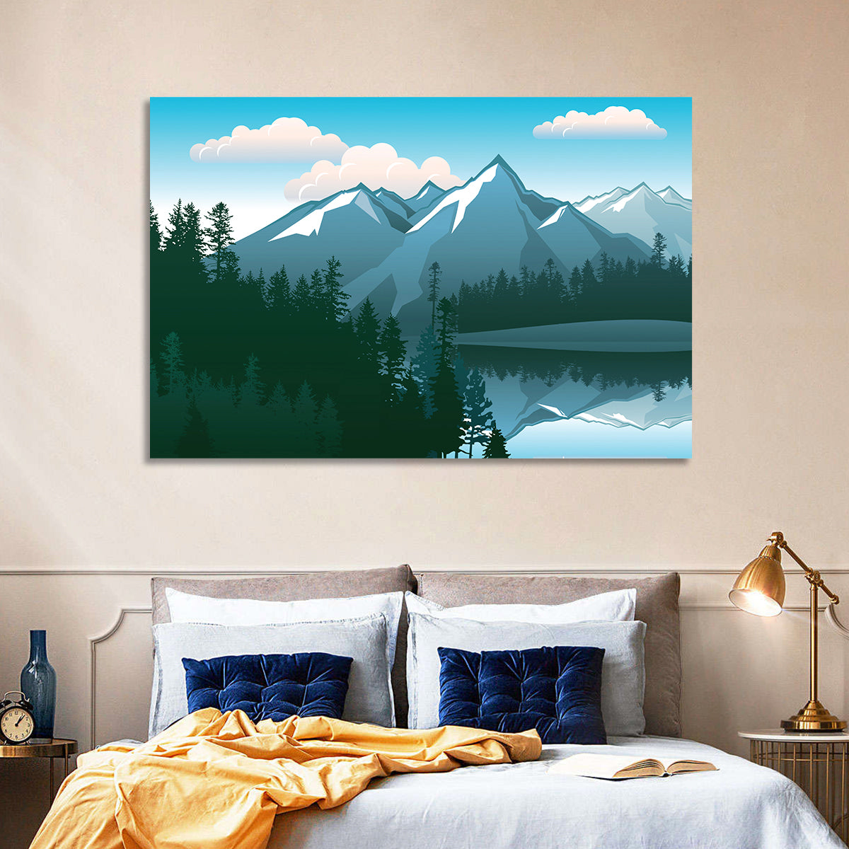 Tranquil Mountain Lake Illustration Wall Art in a room, landscape