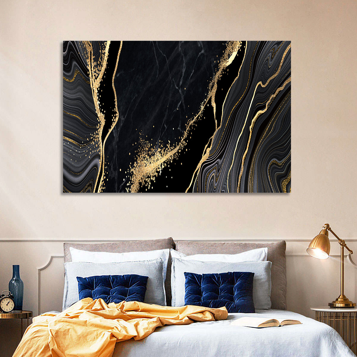 Diagonal Gold Veined Marble Wall Art in a room, landscape