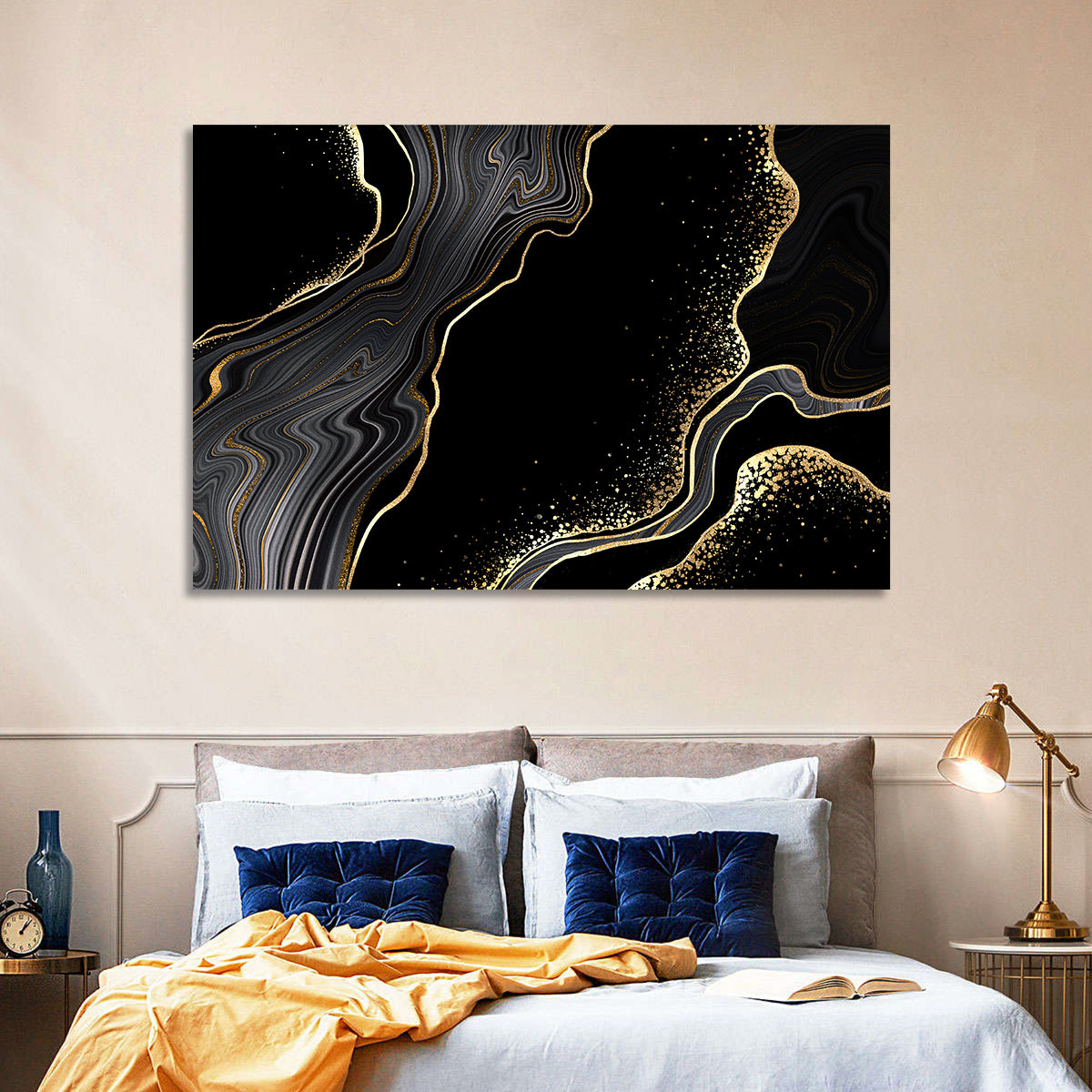 Black Marble with Gold Veins Wall Art in a room, landscape