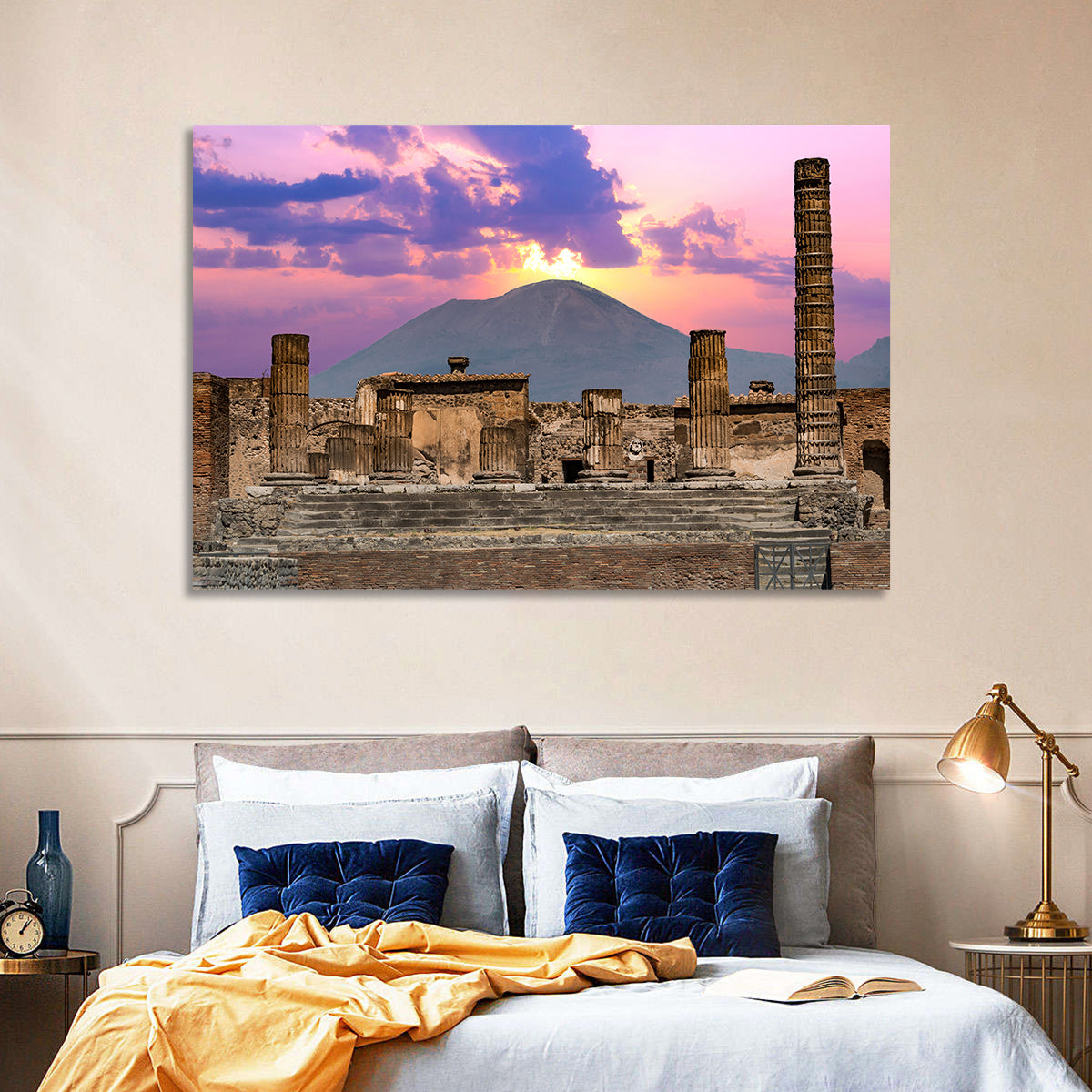 Pompeii Columns at Sunset, Mount Vesuvius Wall Art in a room, landscape