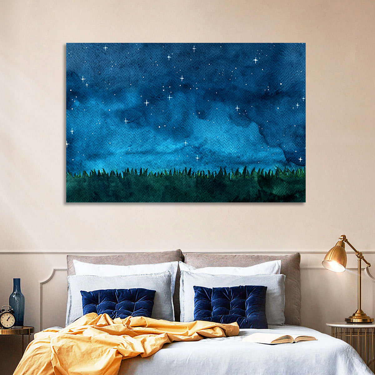 Starry Meadow Nightscape Wall Art in a room, landscape