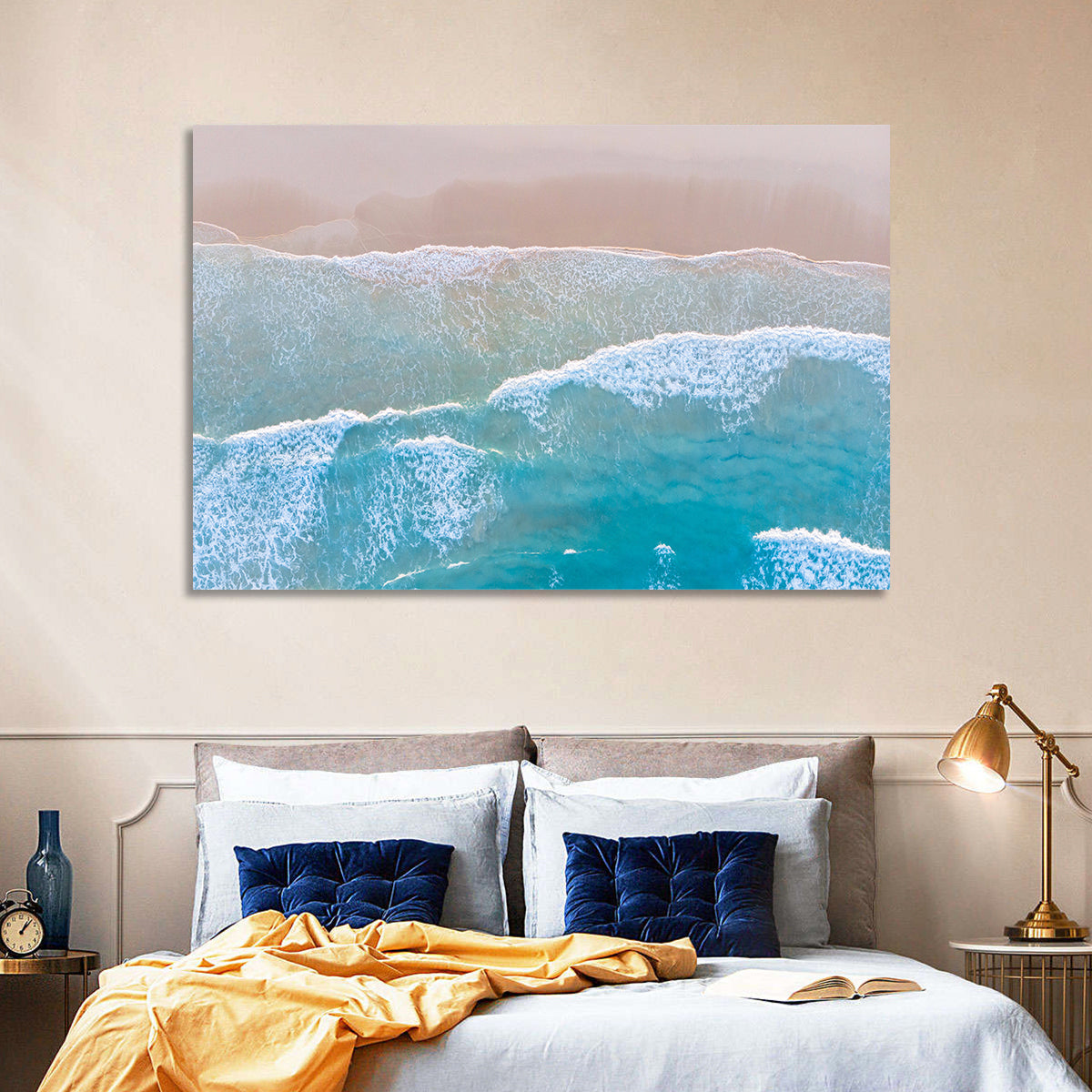 Turquoise Shoreline Aerial View Wall Art in a room, landscape