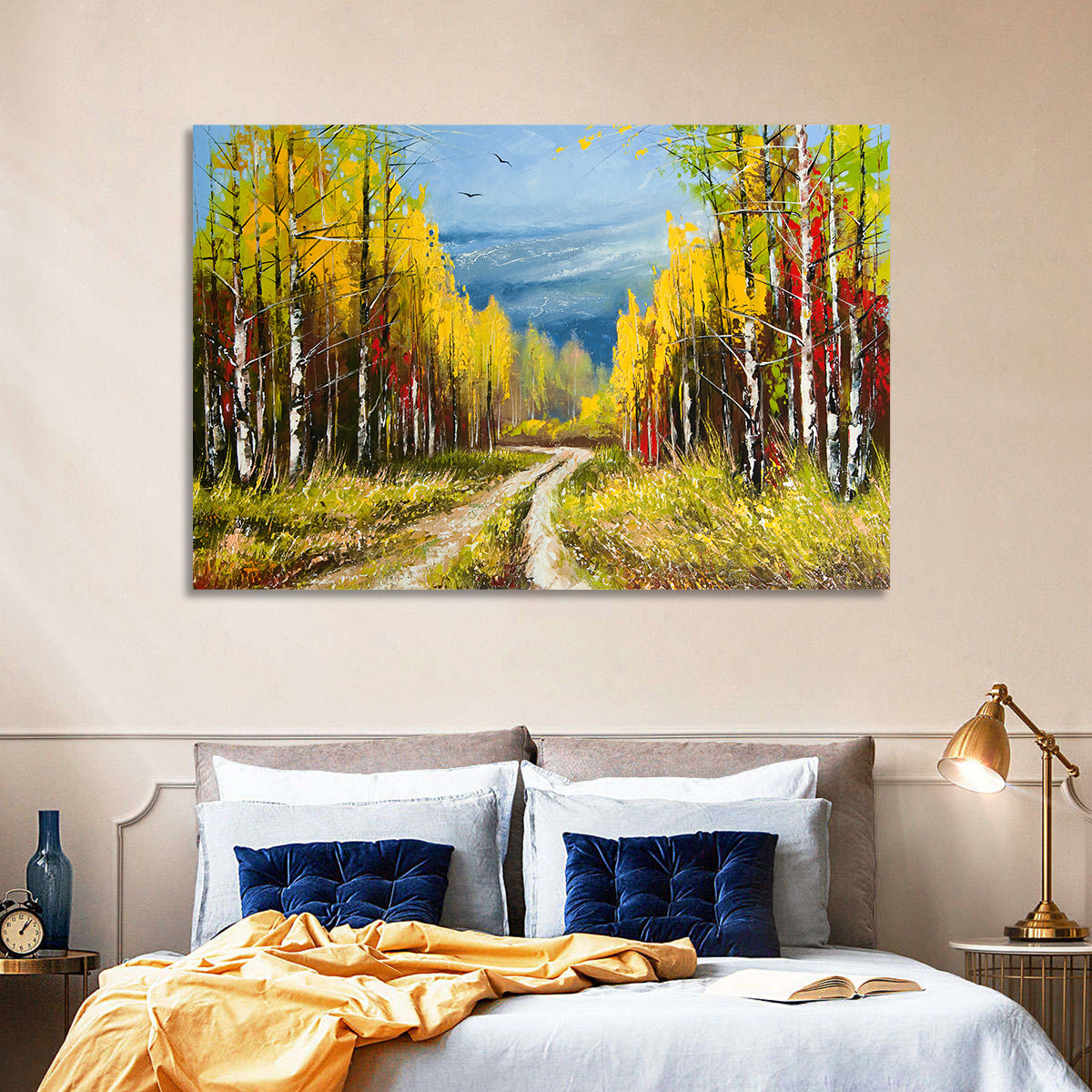 Autumn Birch Path with Two Birds Wall Art