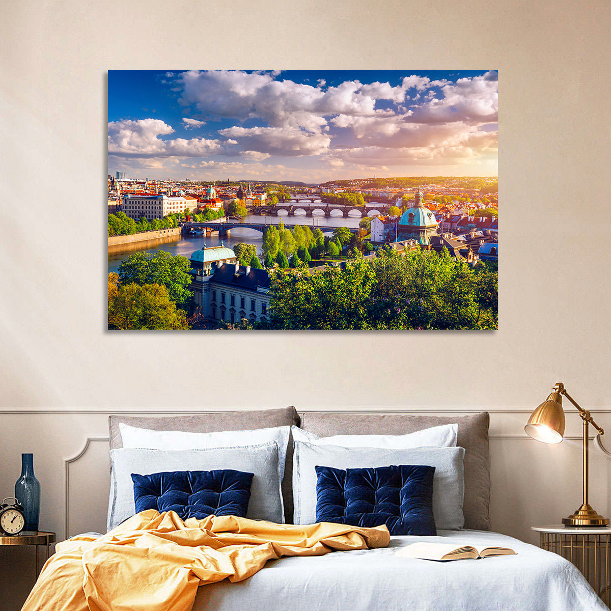 Prague Golden Hour Over Charles Bridge Wall Art in a room, landscape