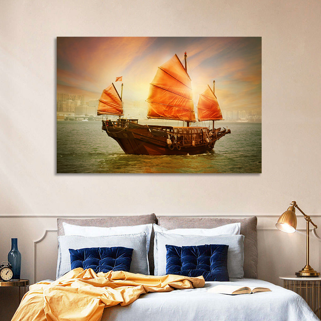 Red Sailed Junk at Victoria Harbour Wall Art