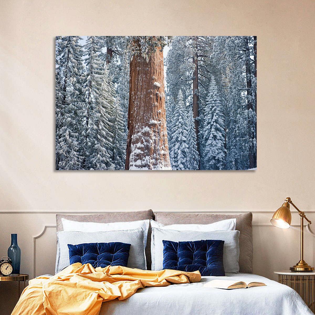 Winter Giant Sequoia in Snowy Forest Wall Art in a room, landscape