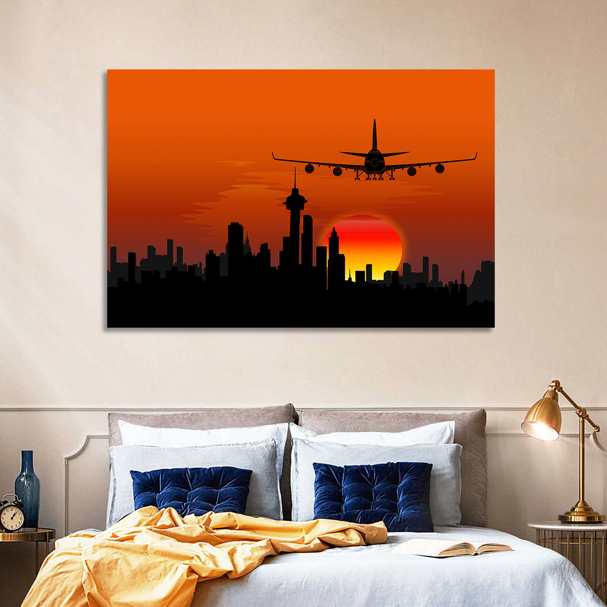 Approaching Jet Over Sunset Skyline Wall Art