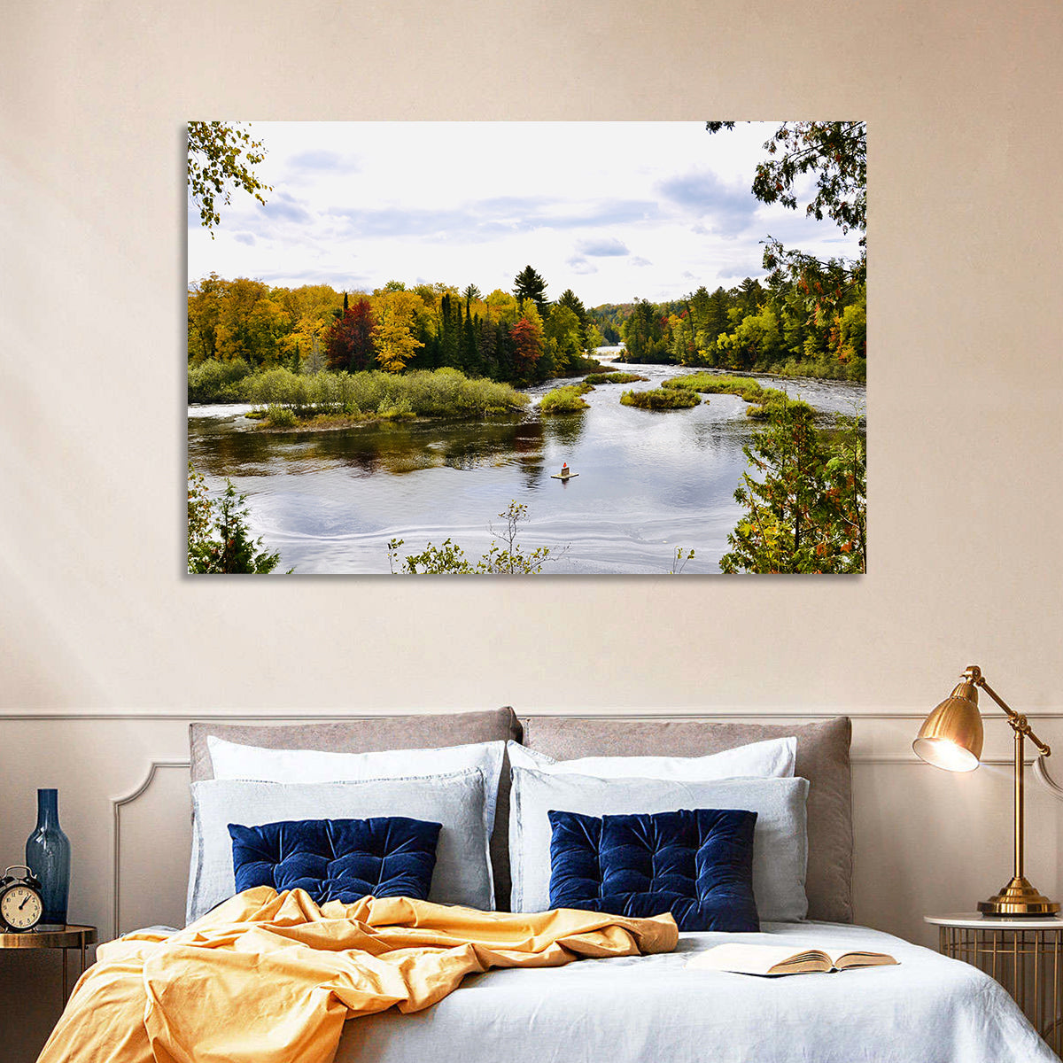 Tahquamenon River Autumn Scene Wall Art in a room, landscape