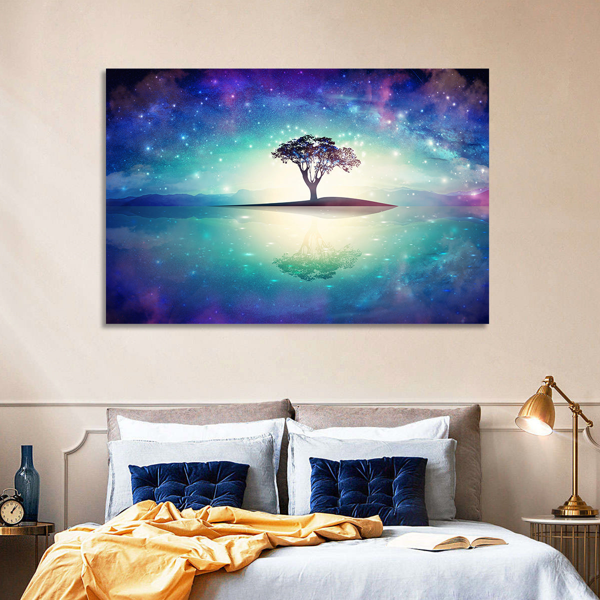 Glowing Island Tree Under Starry Nebula Wall Art in a room, landscape