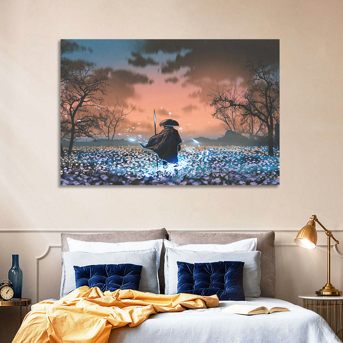 Straw Hat Samurai at Dusk Wall Art in a room, landscape