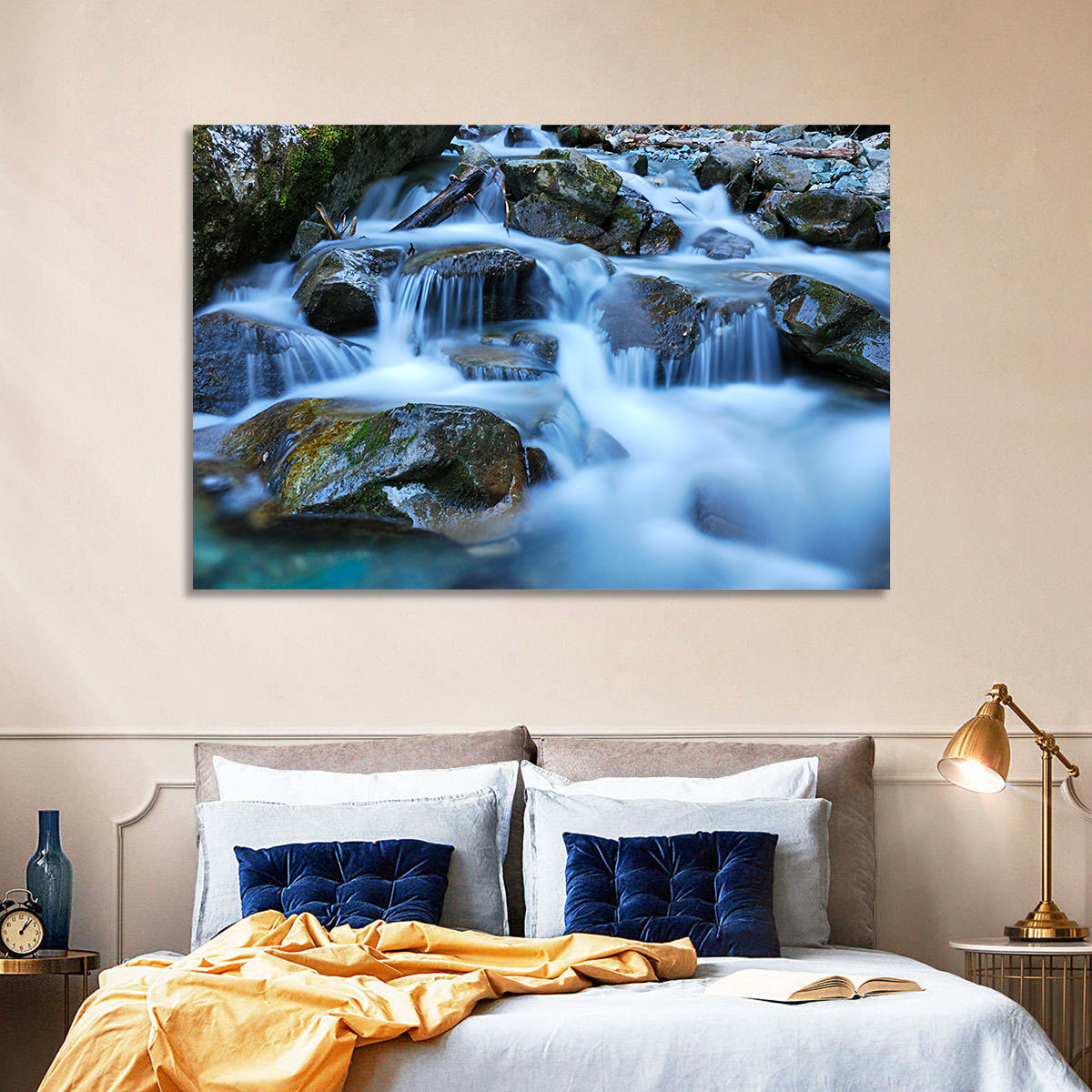 Mossy Rock Stream with Silky Waterfall Wall Art in a room, landscape