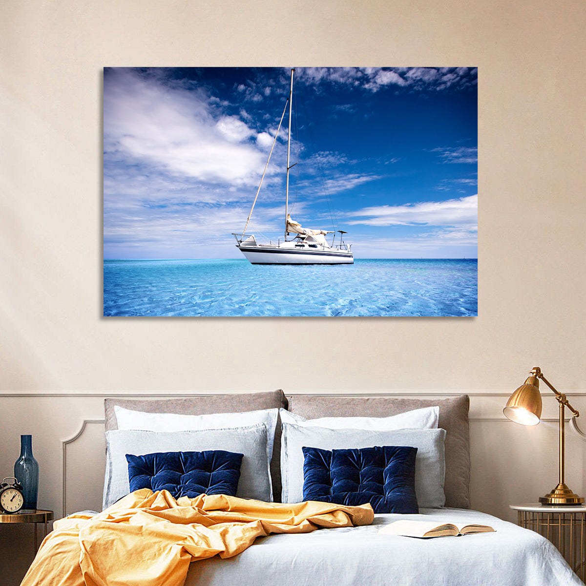 Furled Sails Over Turquoise Water Wall Art in a room, landscape