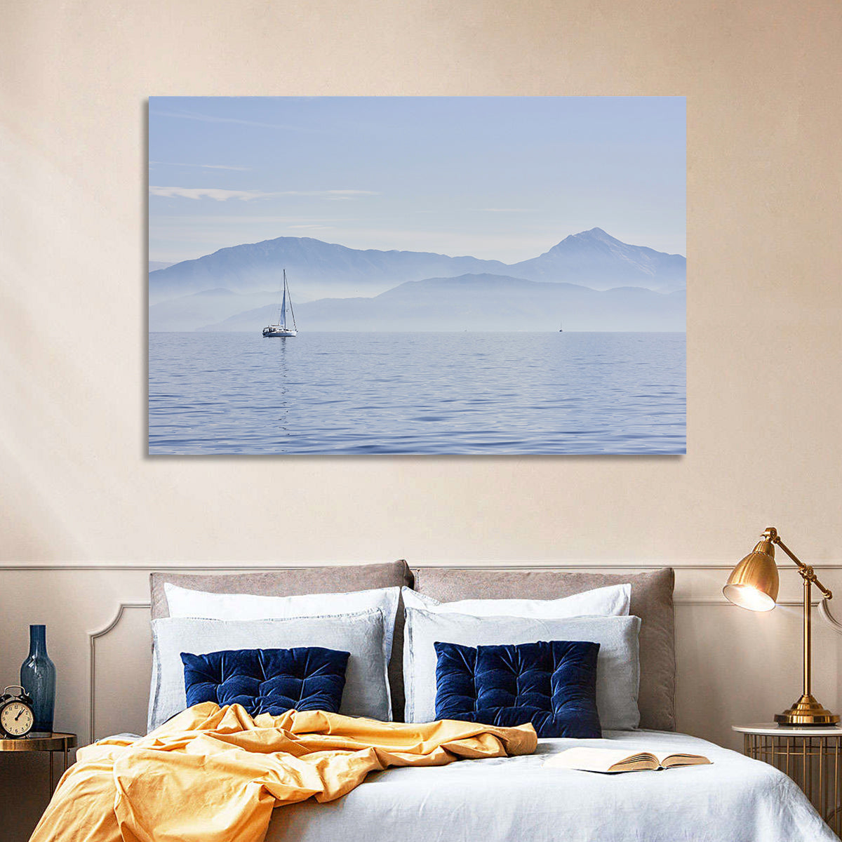 Sailboat and Misty Mountains Wall Art in a room, landscape