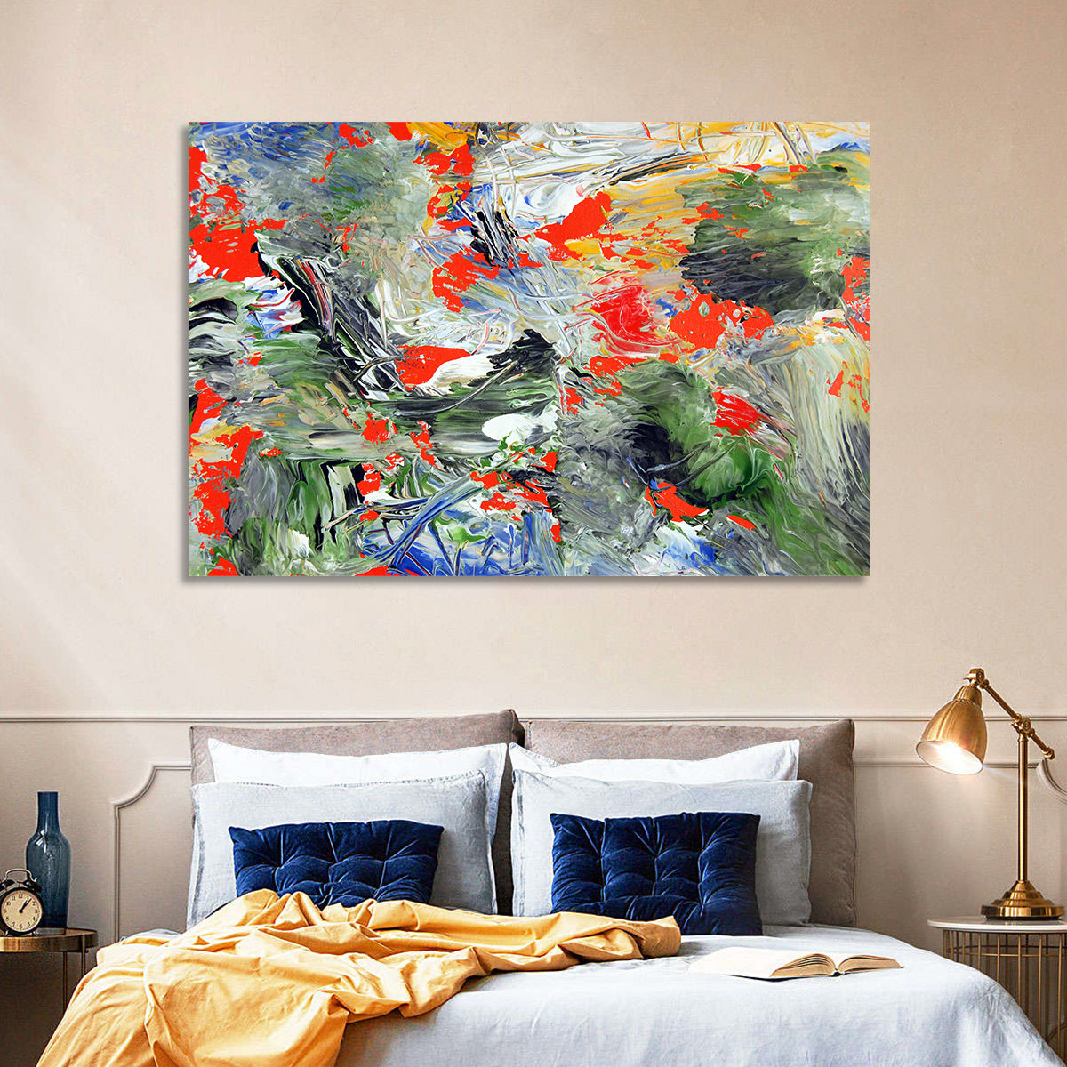 Melting Green Impasto Abstract Wall Art in a room, landscape