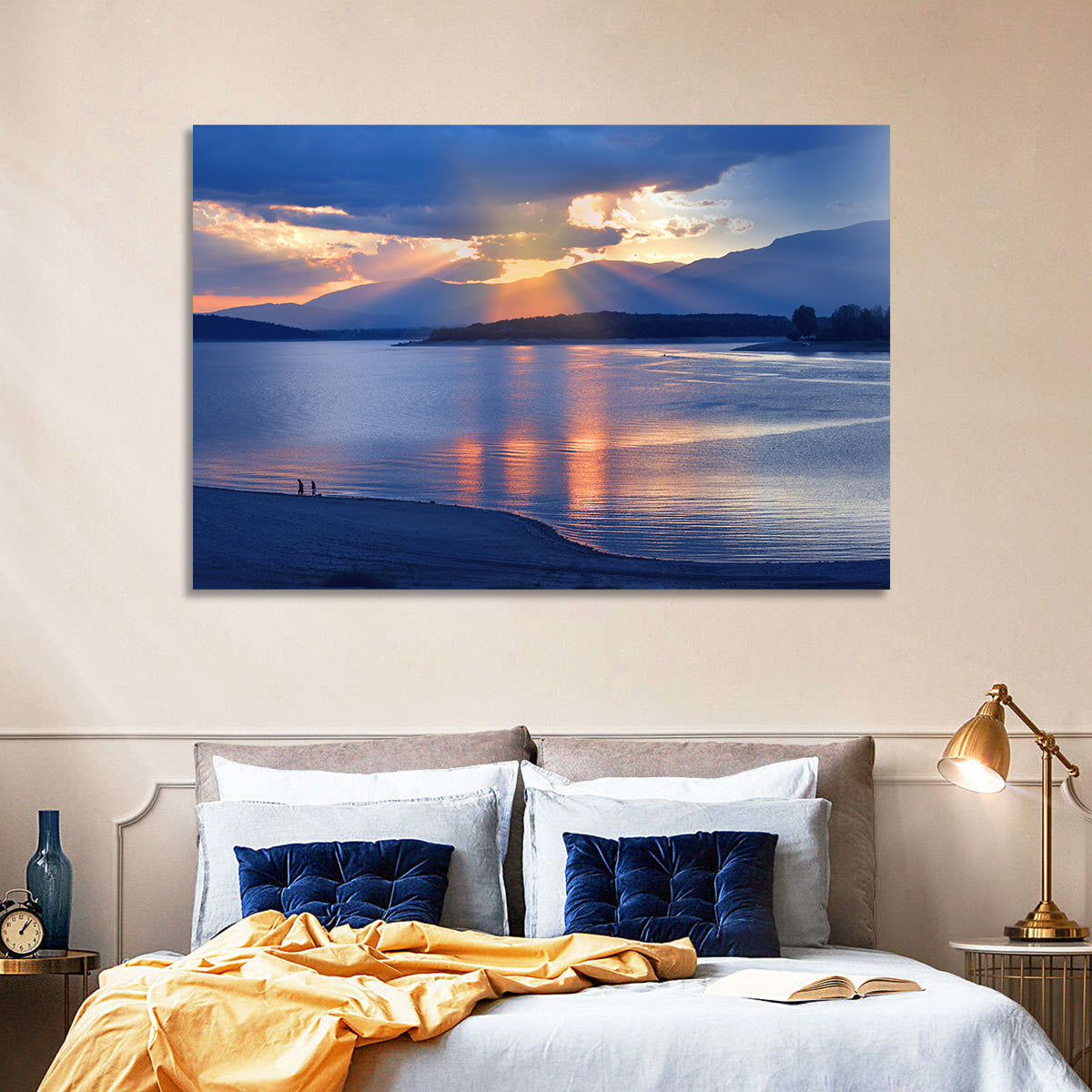 Lake Sunset with Silhouettes Wall Art in a room, landscape