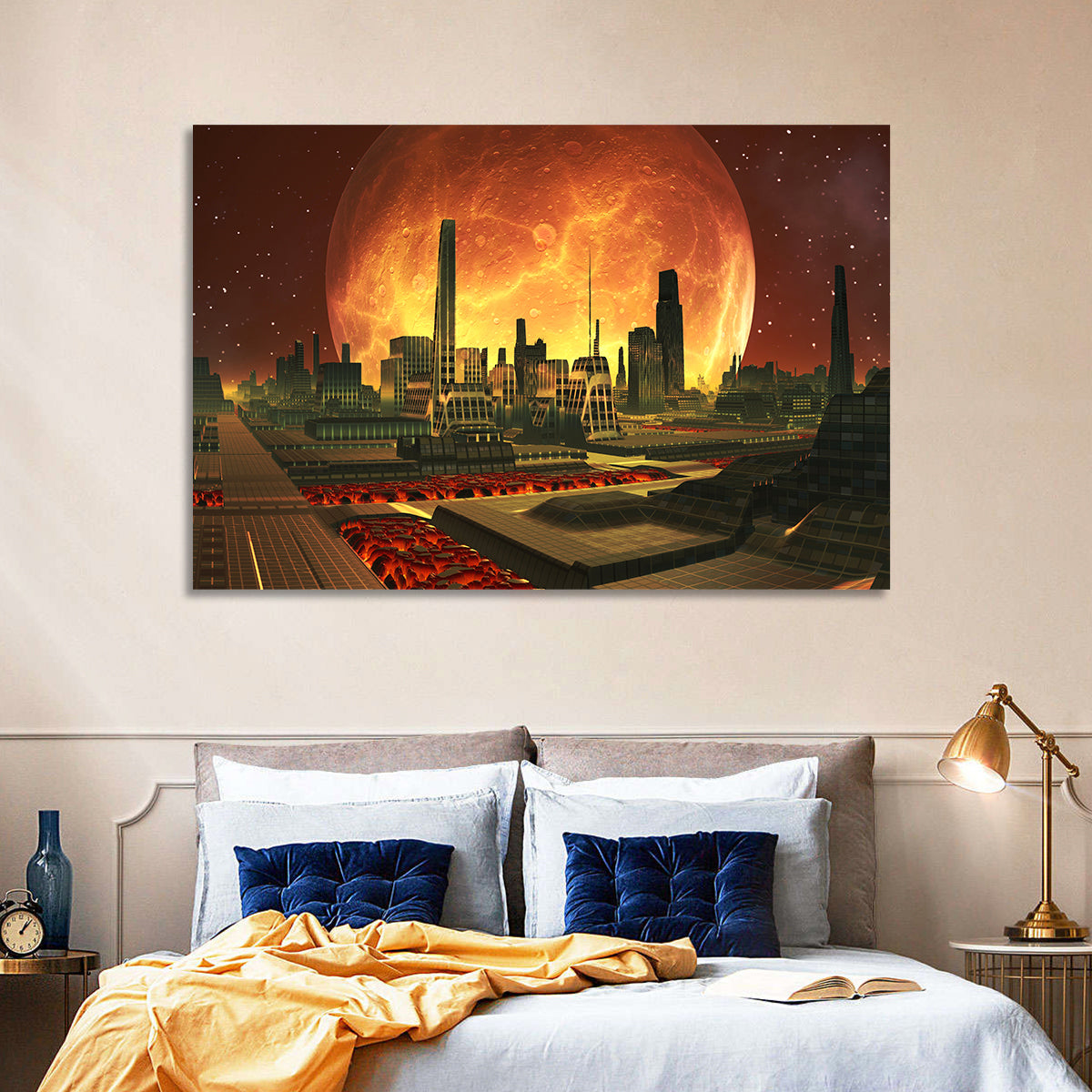 Molten Lunar Cityscape Wall Art in a room, landscape