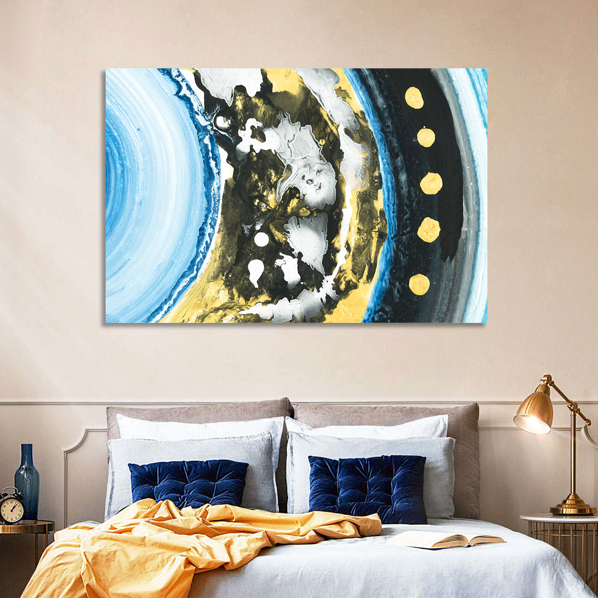 Planet Rings in Blue and Gold Wall Art in a room, landscape