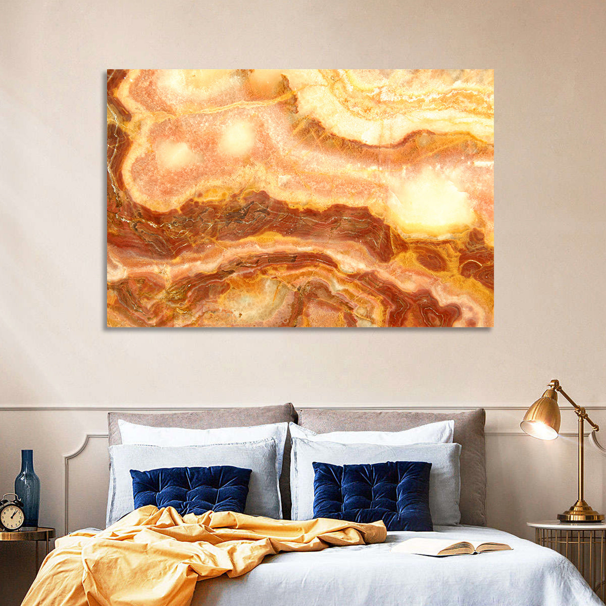 Golden Agate Stone Abstract Wall Art in a room, landscape