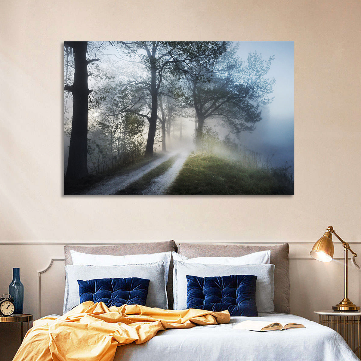 Foggy Forest Path Wall Art in a room, landscape