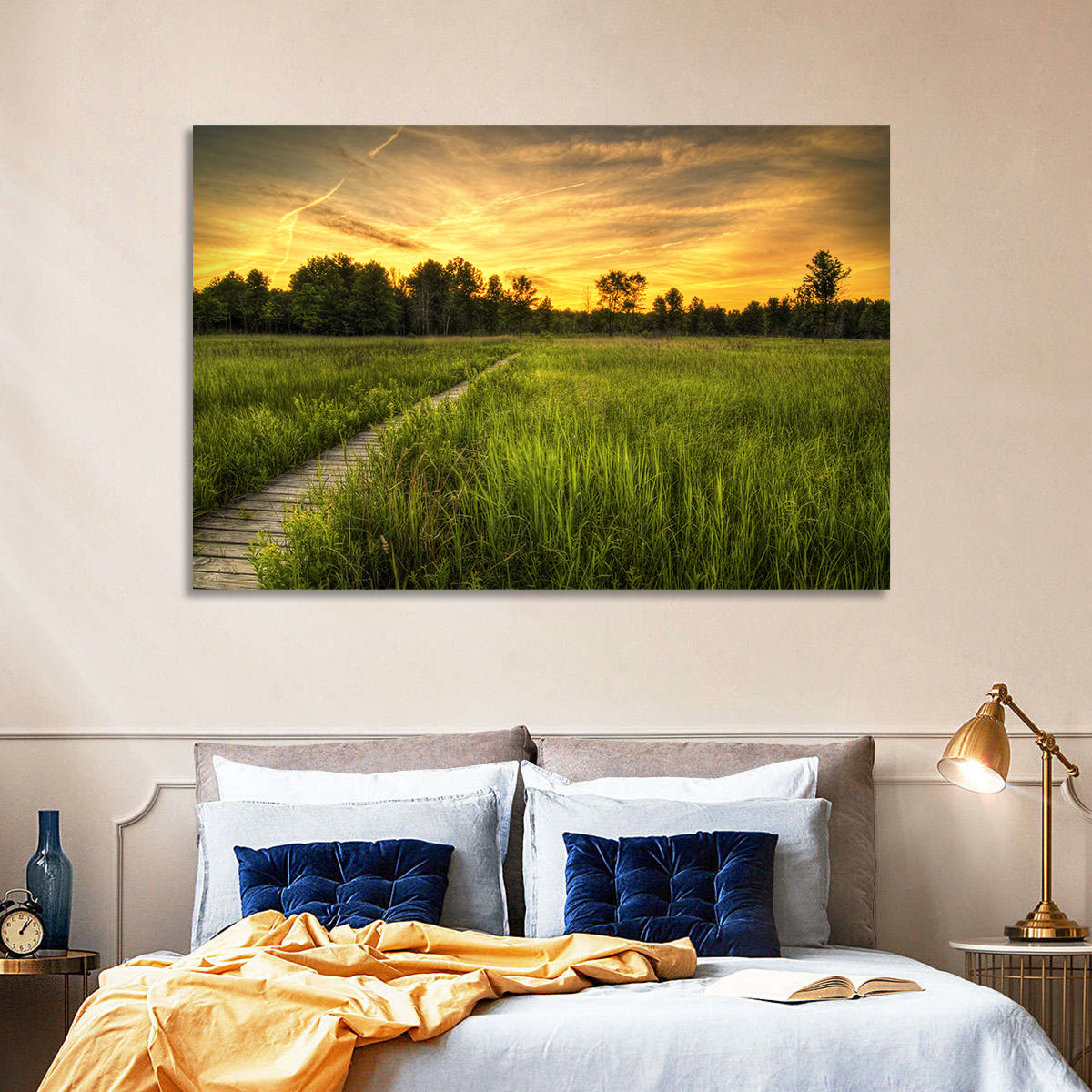 Irwin Prairie Boardwalk Sunset Wall Art in a room, landscape