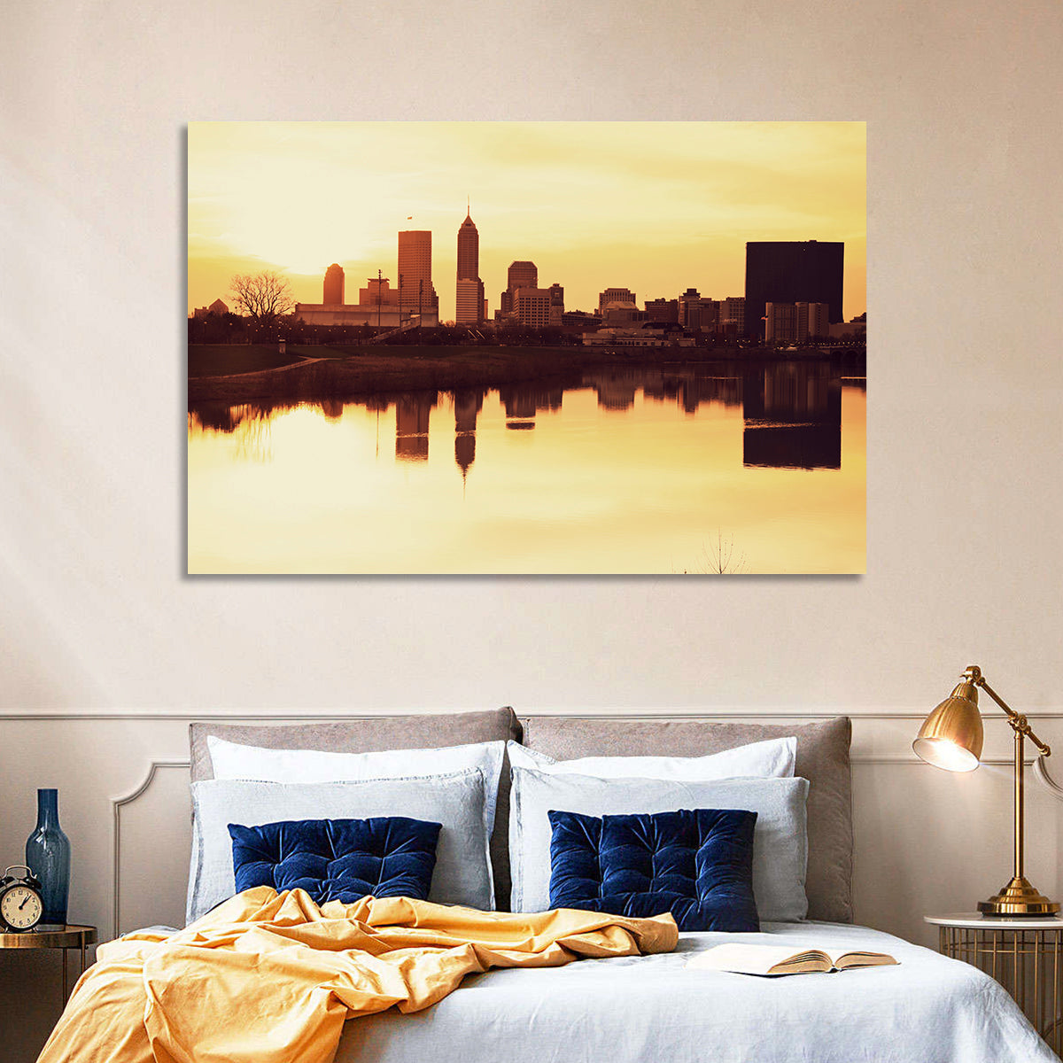 Indianapolis Golden Hour Skyline Wall Art in a room, landscape
